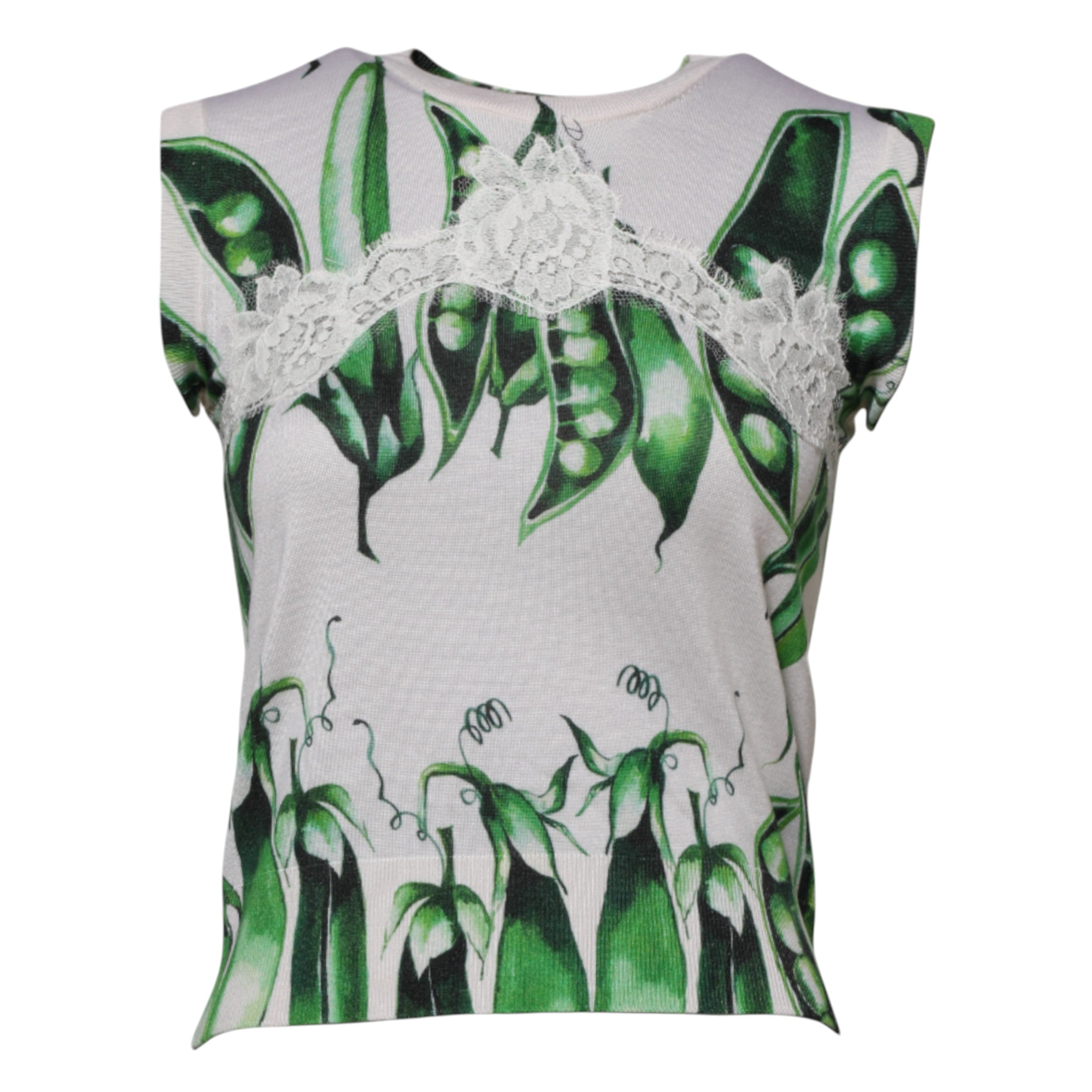 White Green Pea Print Sleeveless Blouse Top - ventzia
