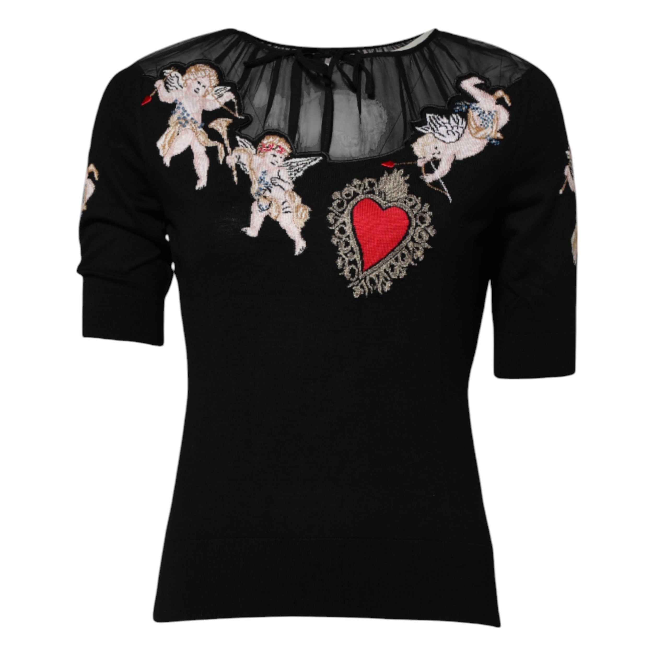 Black Sacred Heart Embroidered Crewneck Top - ventzia