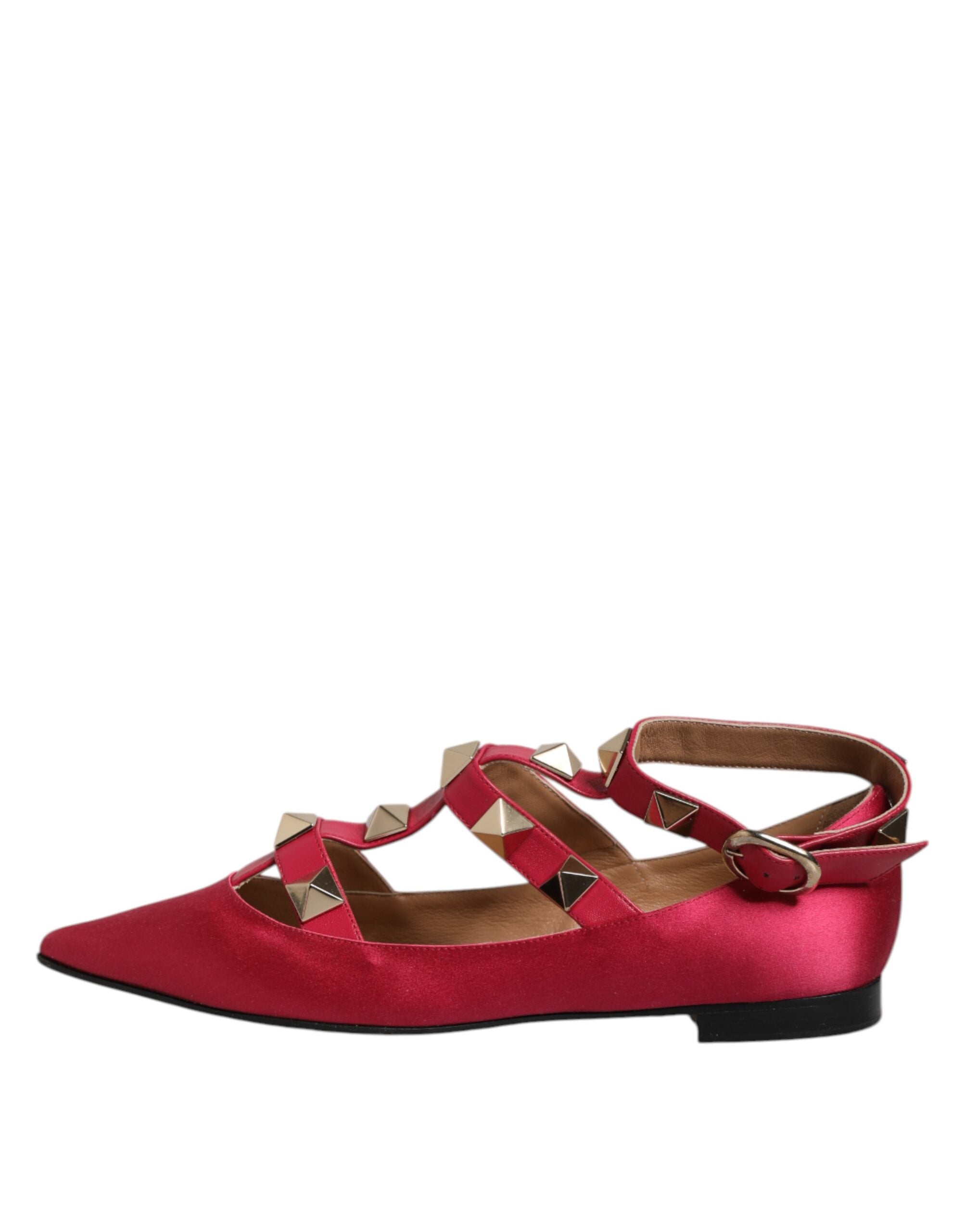 Red Gold Studded Pointed Toe Ballet Flats Shoes - ventzia