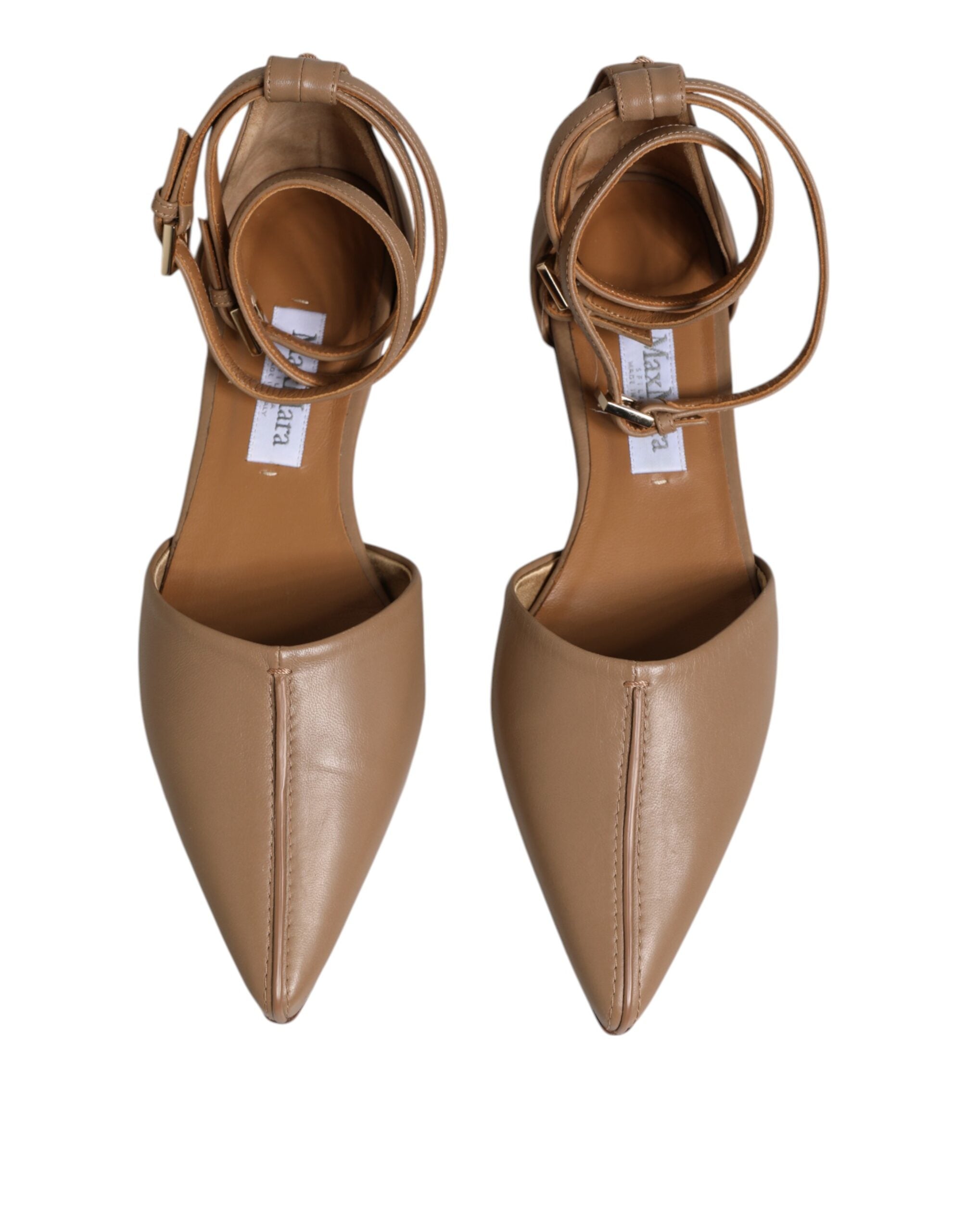 Beige Leather Pointed Toe Sandals Ballet Flat Shoes - ventzia
