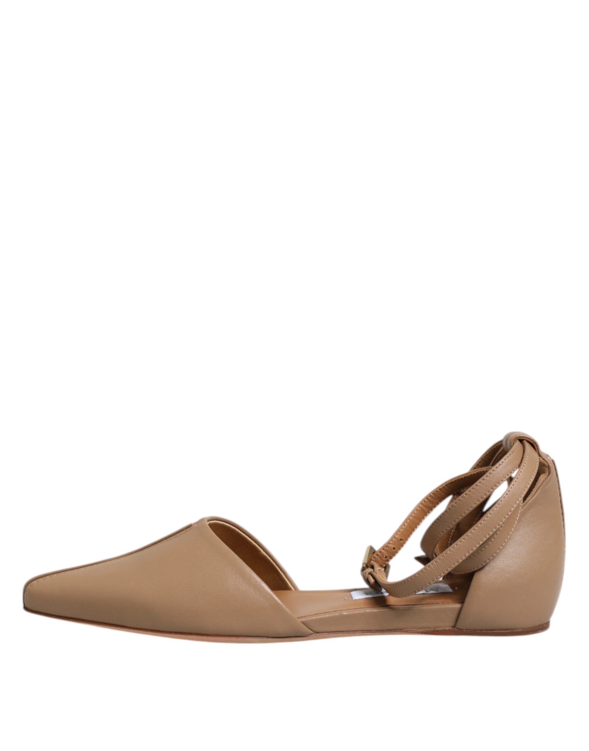 Beige Leather Pointed Toe Sandals Ballet Flat Shoes - ventzia