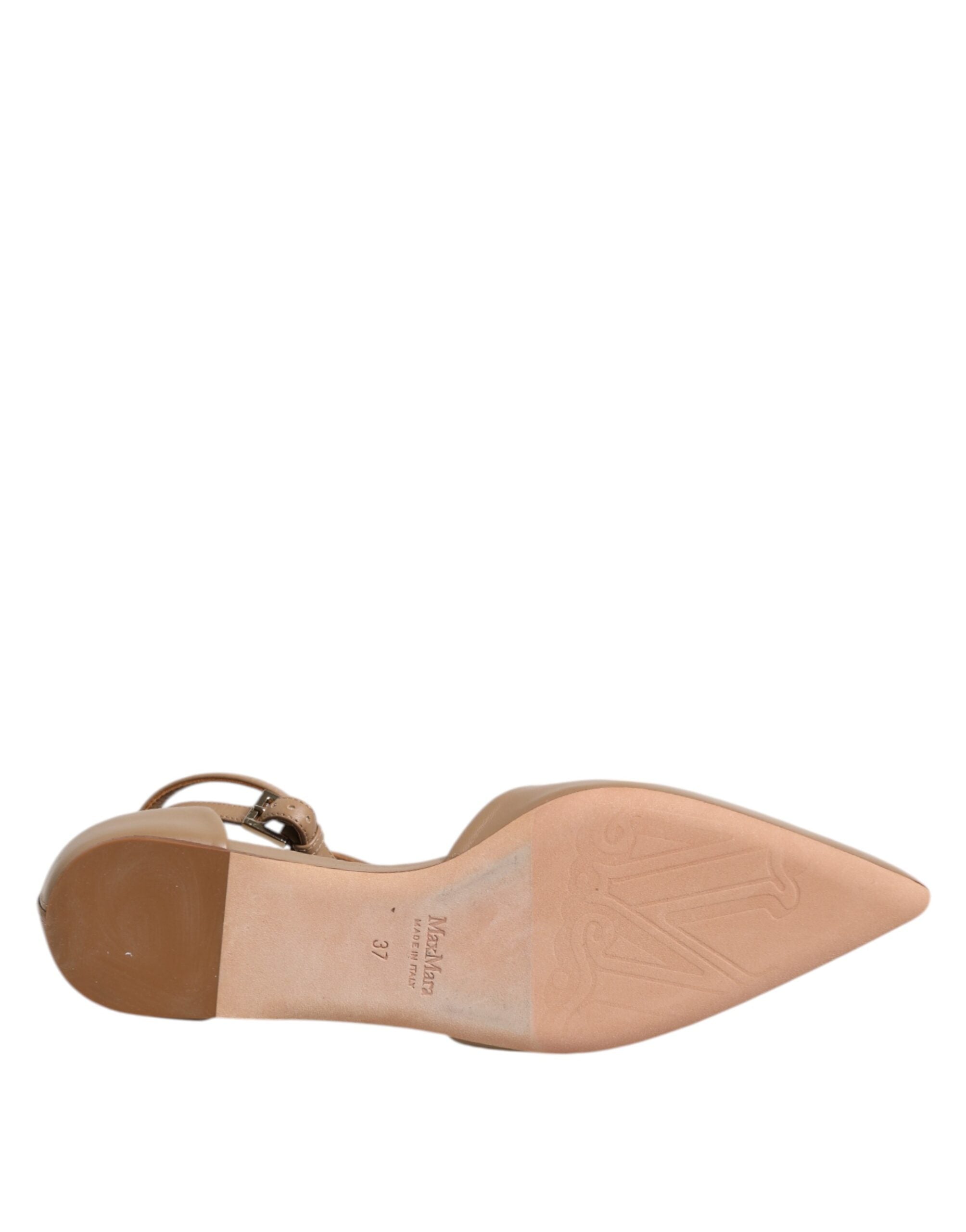 Beige Leather Pointed Toe Sandals Ballet Flat Shoes - ventzia