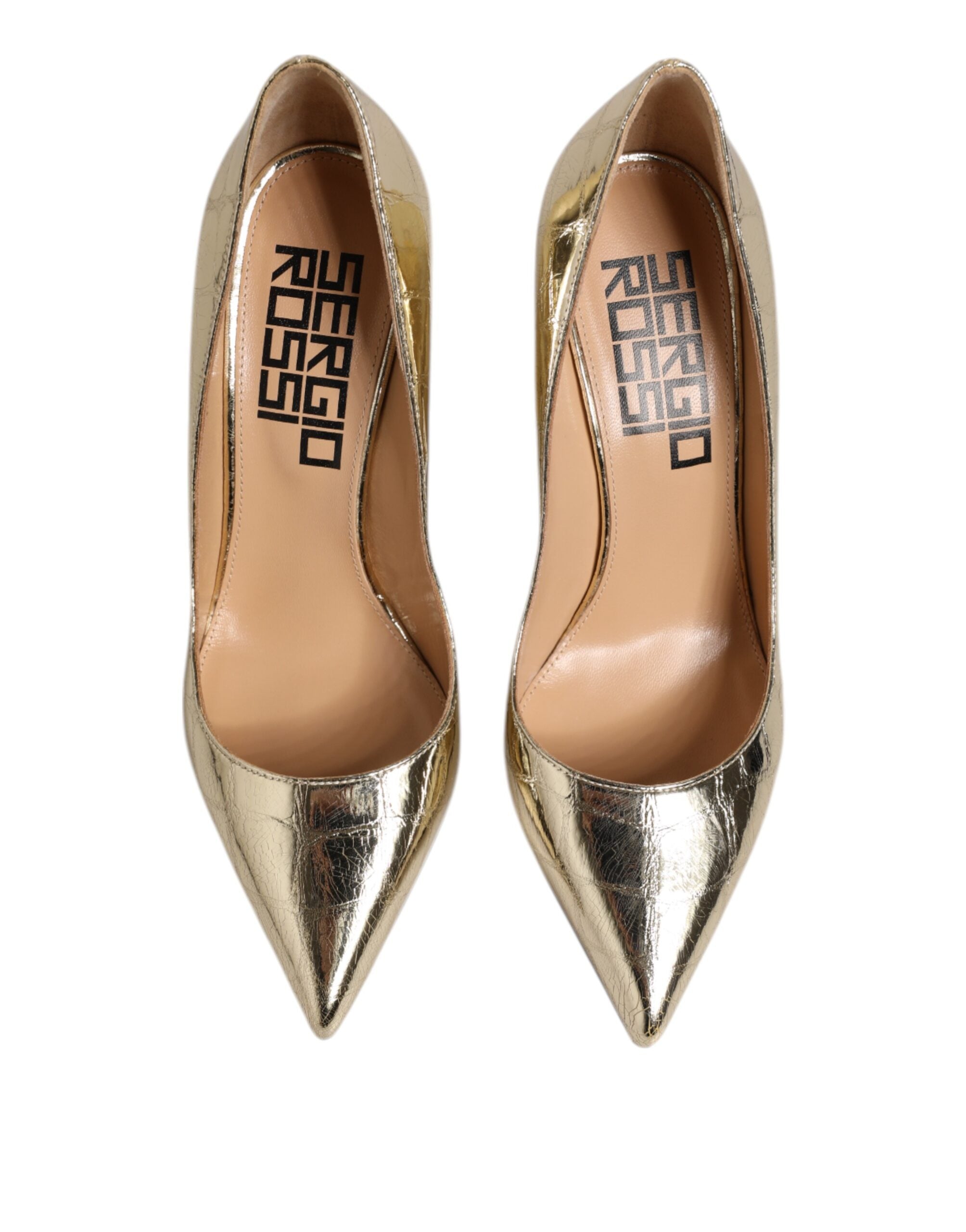 Gold Leather Pointed Toe Block Heels Shoes - ventzia