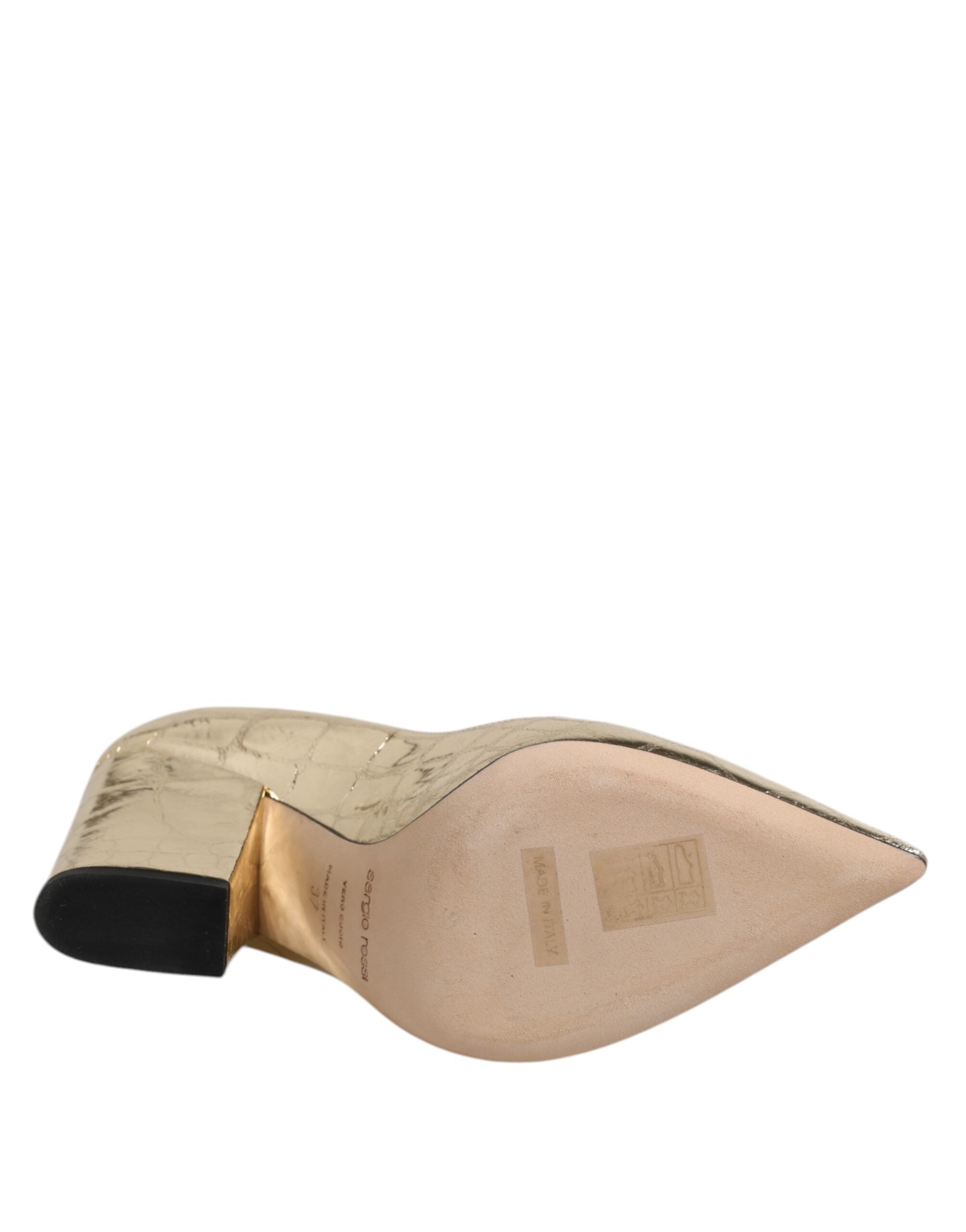 Gold Leather Pointed Toe Block Heels Shoes - ventzia
