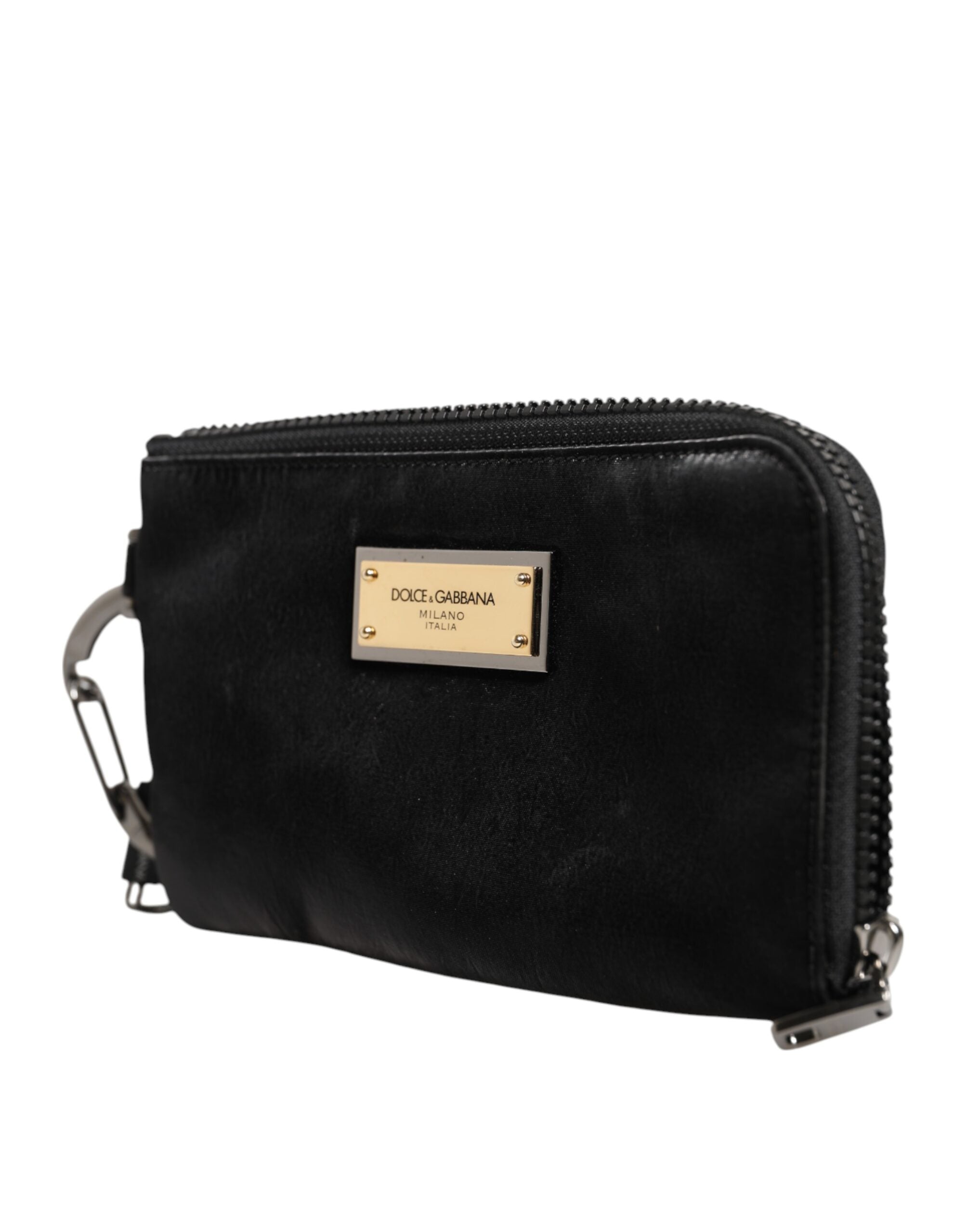 Black Nylon Logo Plaque Keyring Pouch Clutch Bag - ventzia