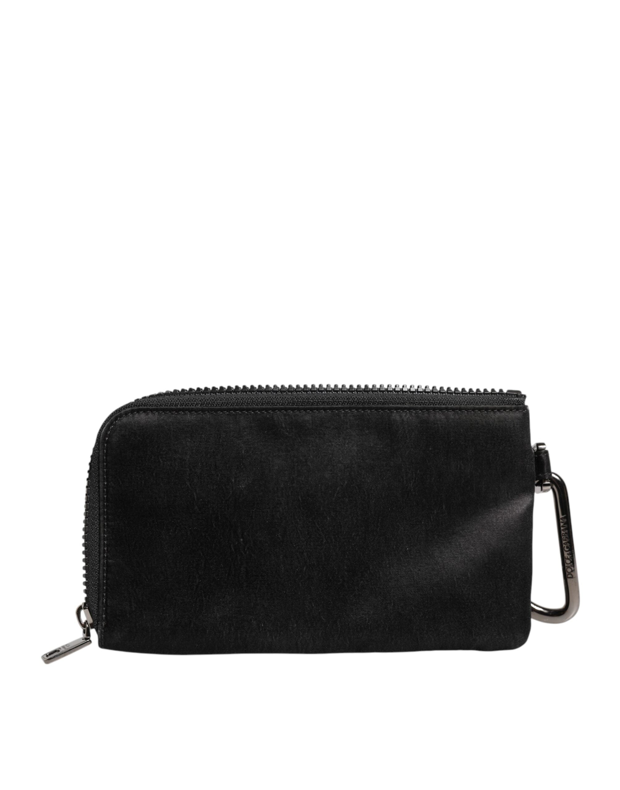 Black Nylon Logo Plaque Keyring Pouch Clutch Bag - ventzia