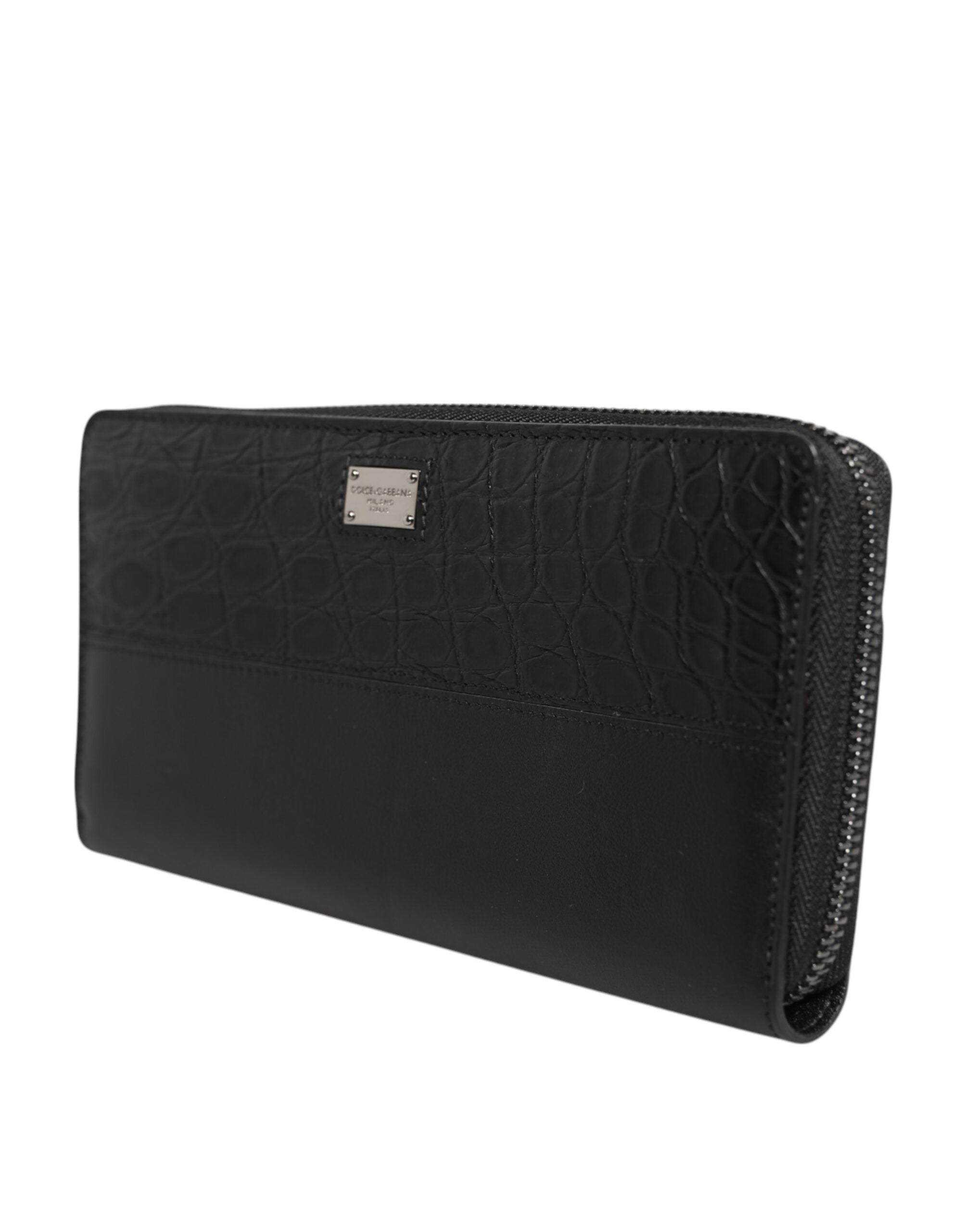 Black Leather Logo Plaque Zip Around Continental Wallet - ventzia