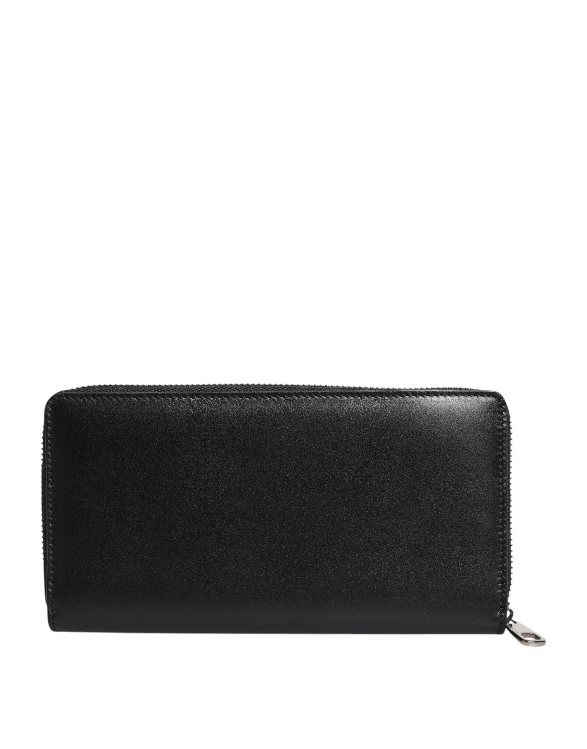 Black Leather Logo Plaque Zip Around Continental Wallet - ventzia