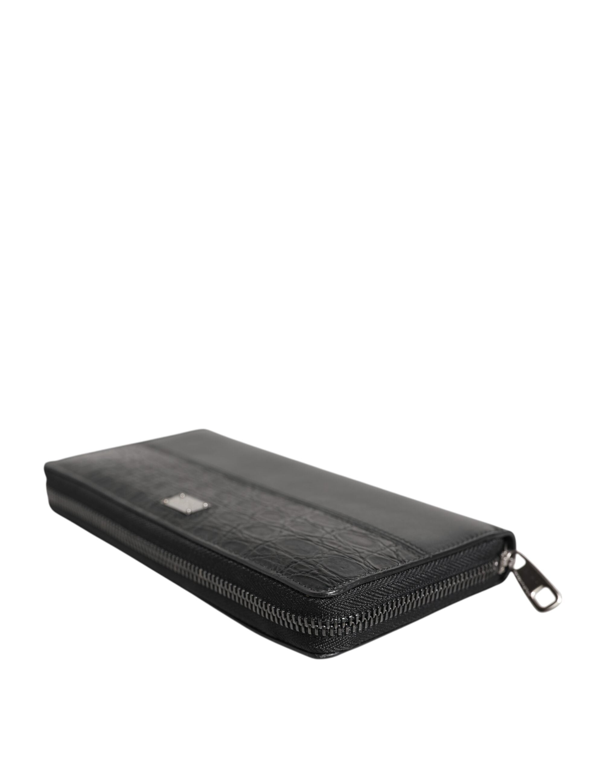 Black Leather Logo Plaque Zip Around Continental Wallet - ventzia