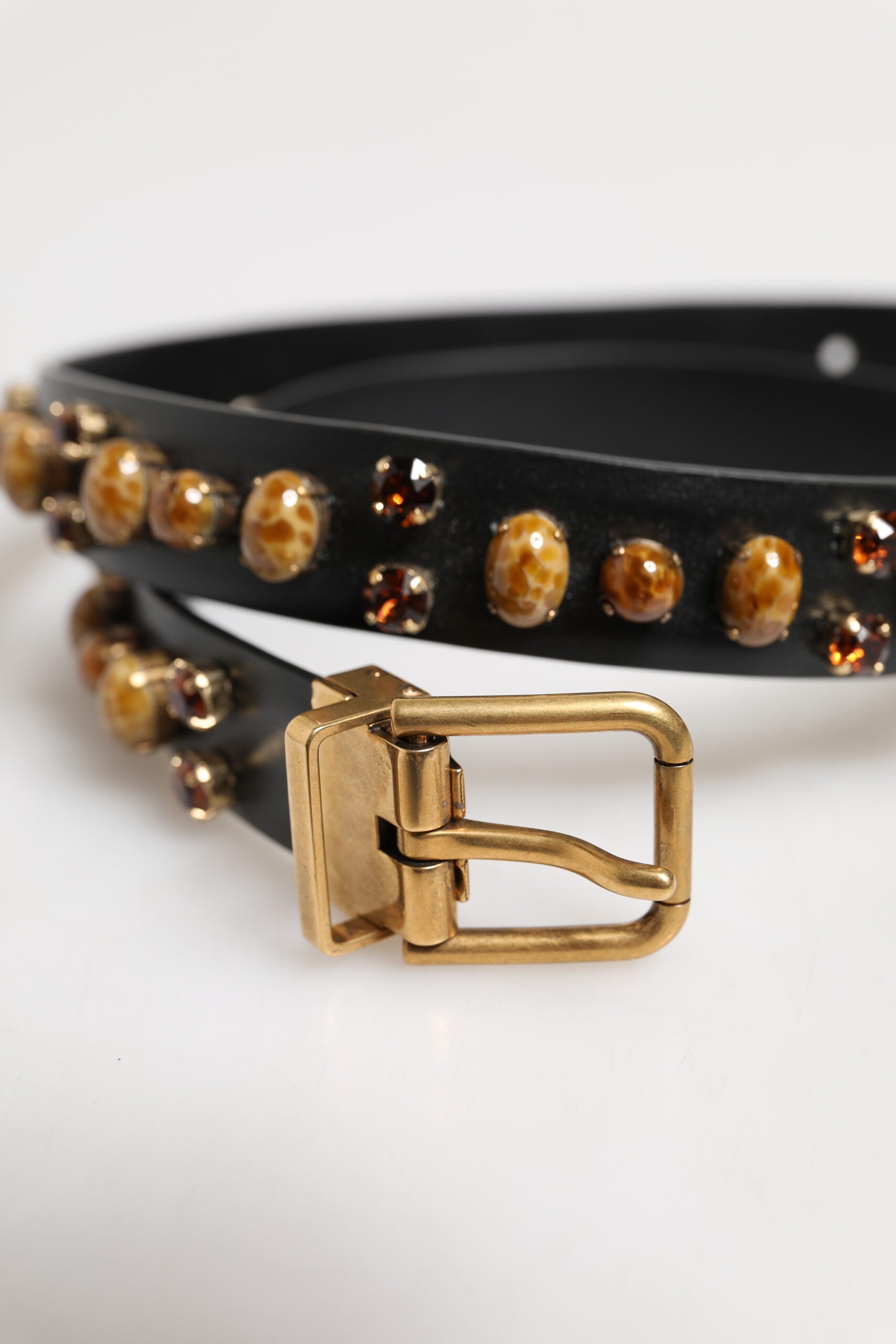 Black Leather Studded Gold Tone Buckle Belt - ventzia