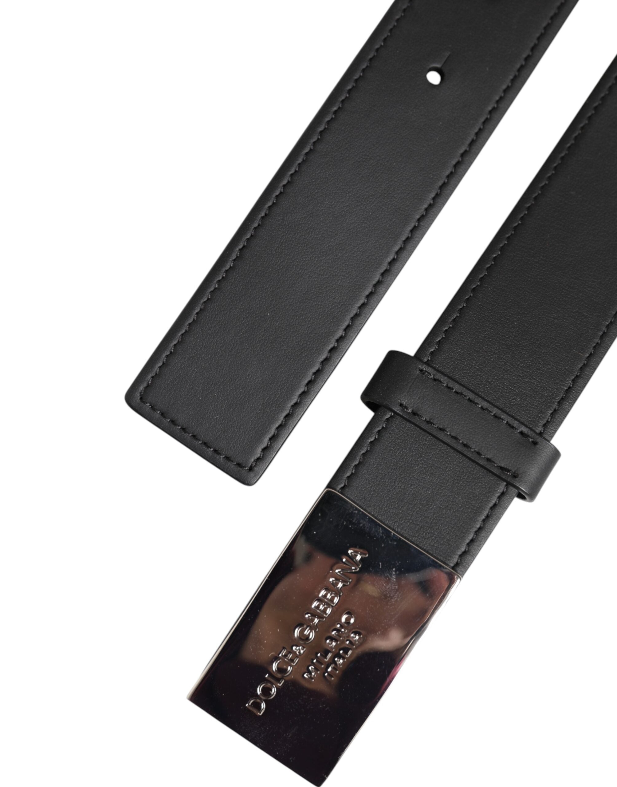 Black Leather Silver Metal Logo Buckle Belt - ventzia