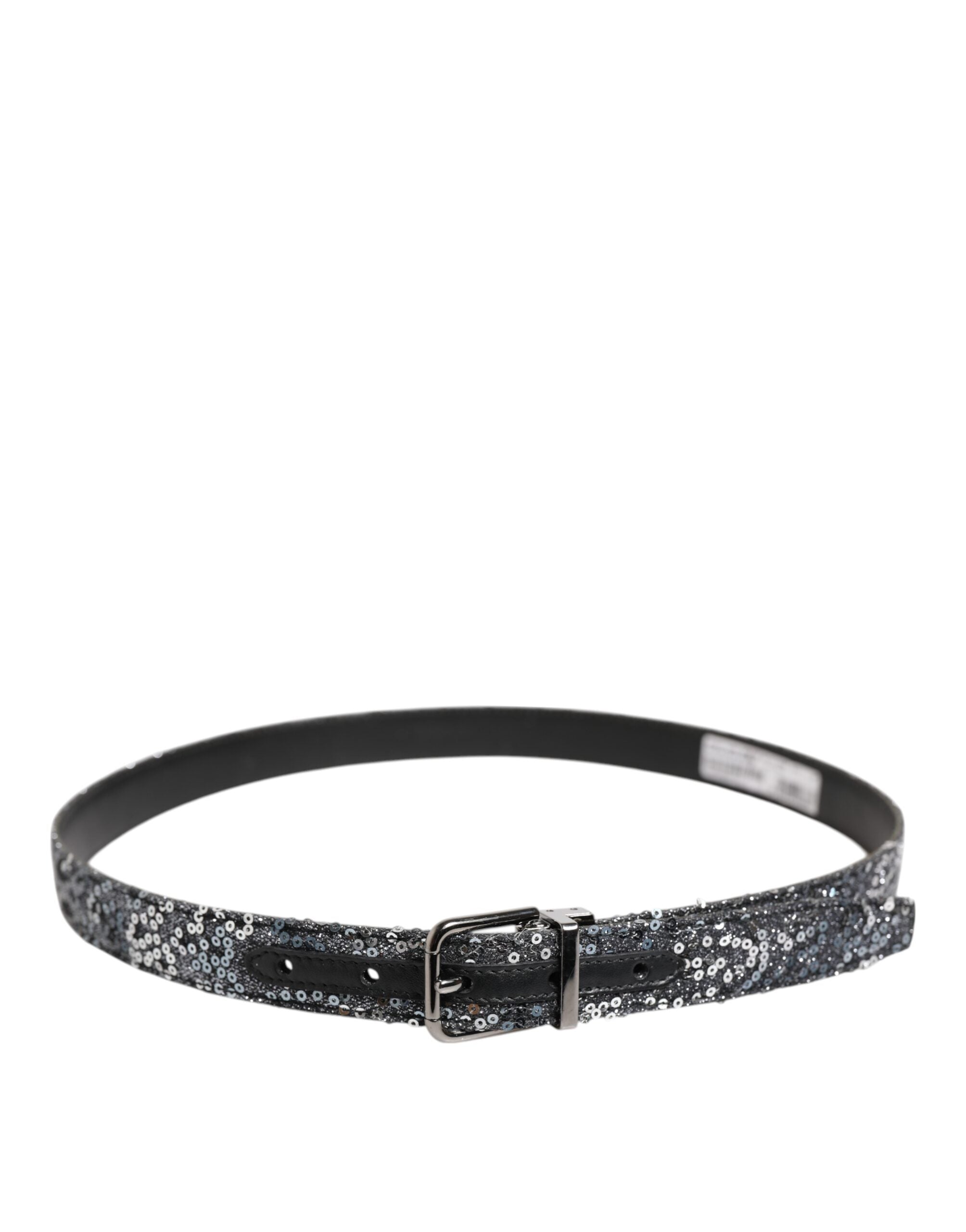 Black Sequins Silver Metal Logo Buckle Belt - ventzia