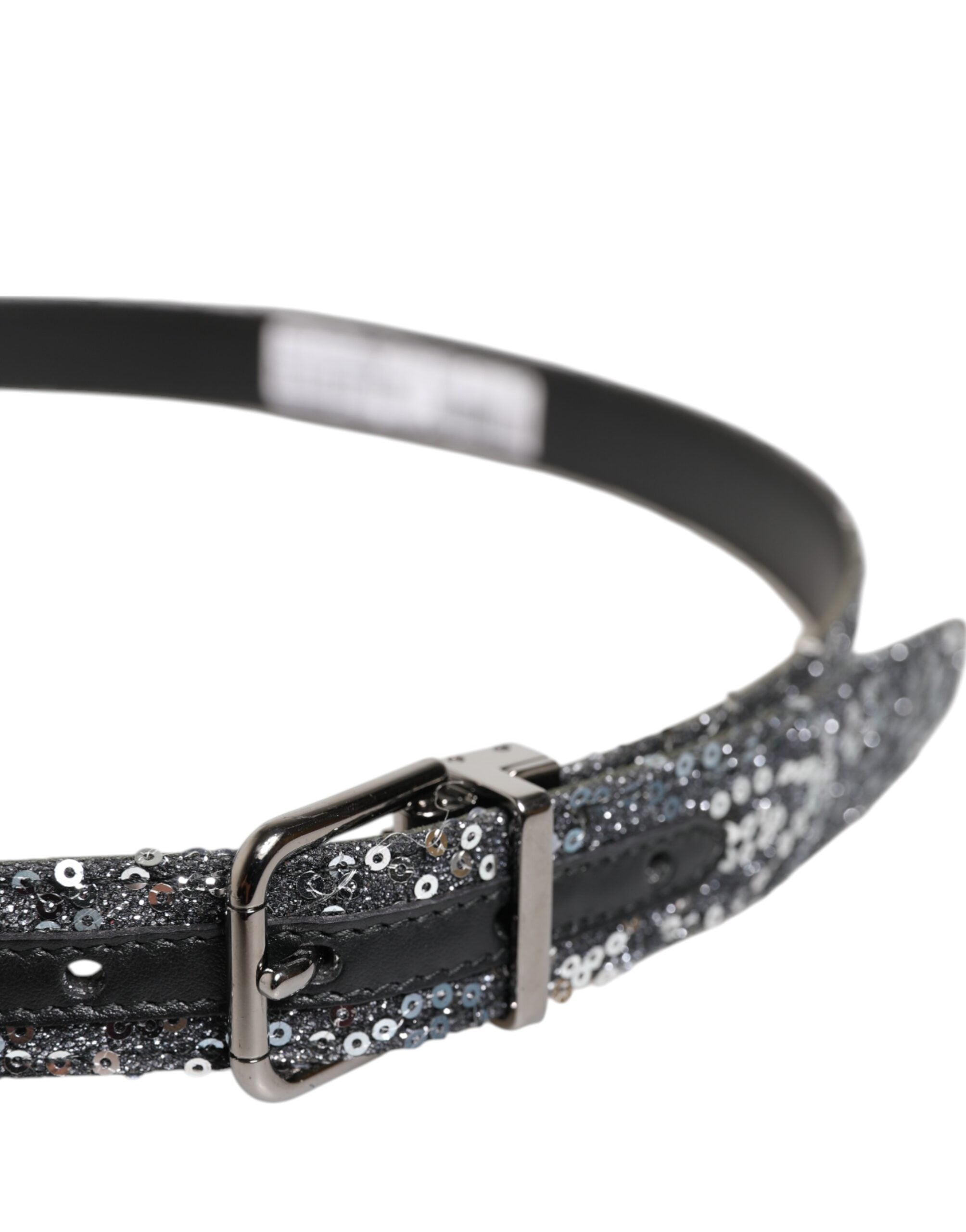 Black Sequins Silver Metal Logo Buckle Belt - ventzia