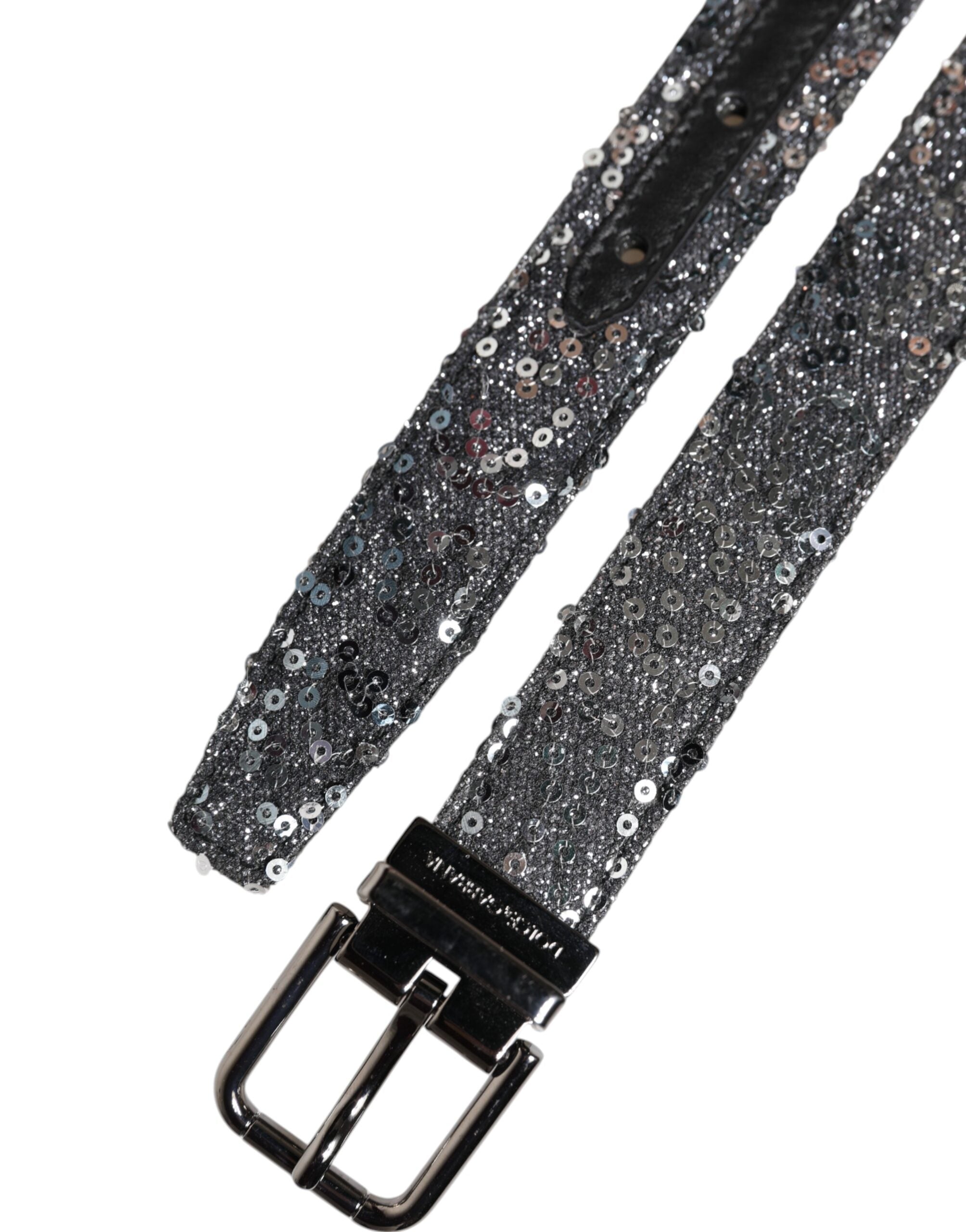 Black Sequins Silver Metal Logo Buckle Belt - ventzia