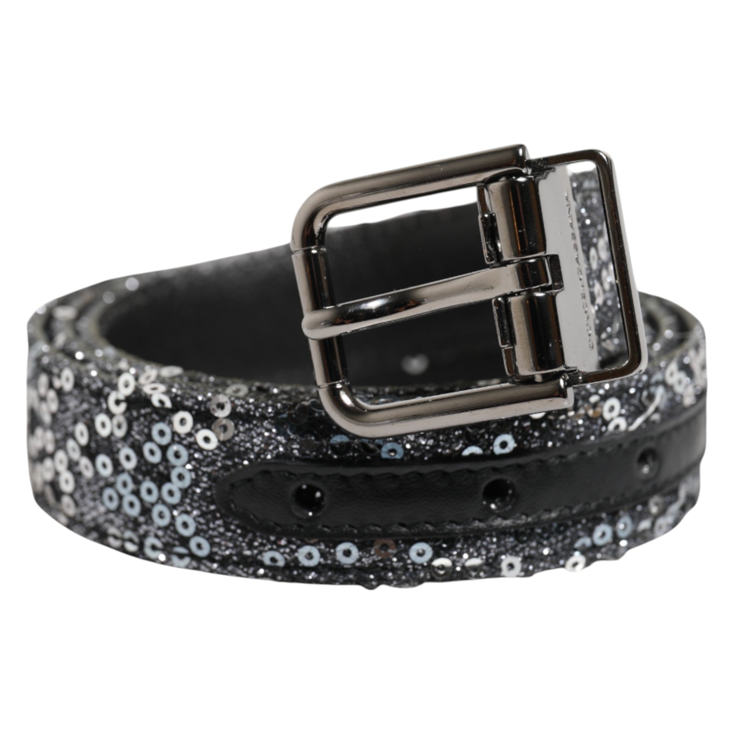 Black Sequins Silver Metal Logo Buckle Belt - ventzia