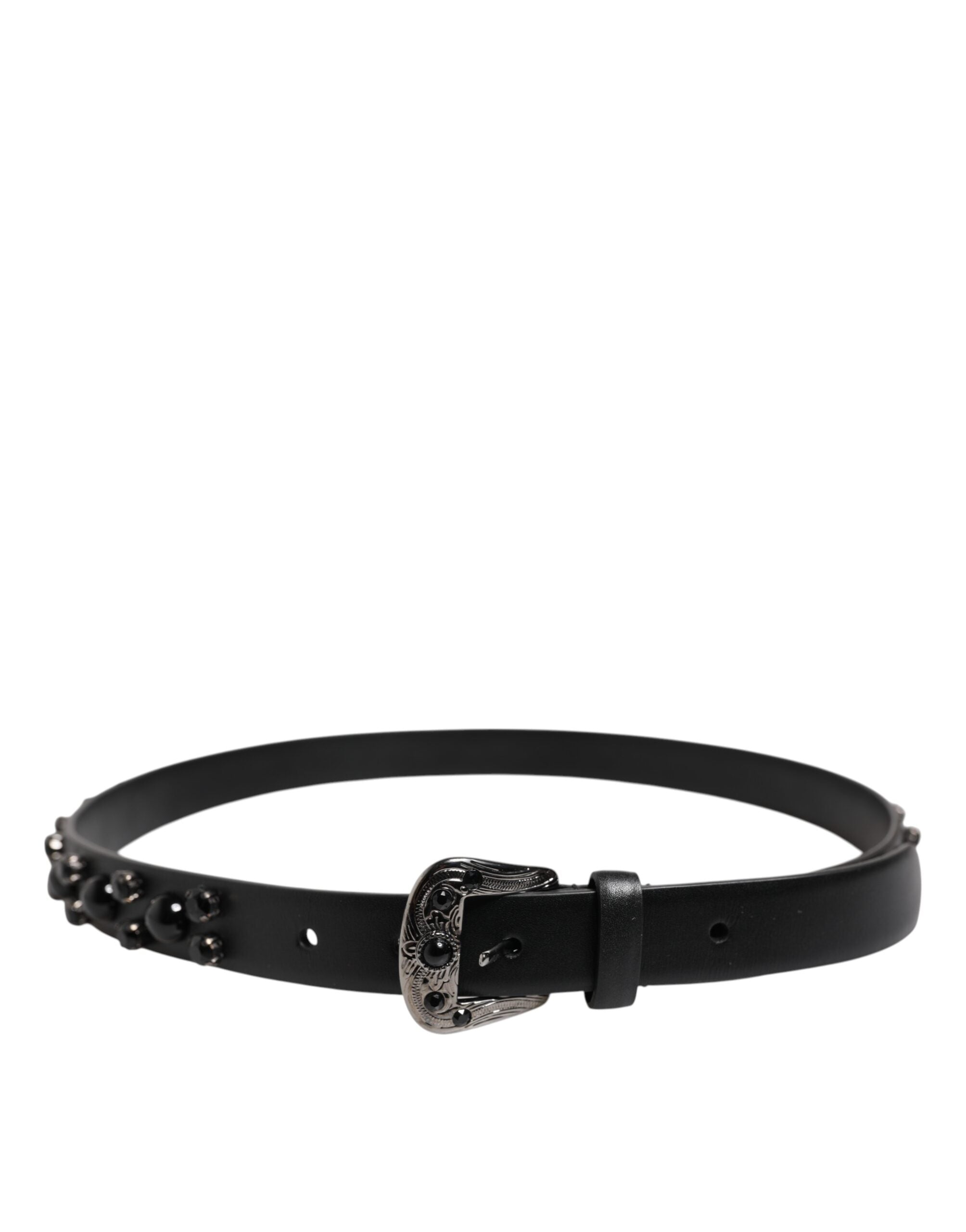 Black Studded Leather Metal Logo Buckle Belt - ventzia
