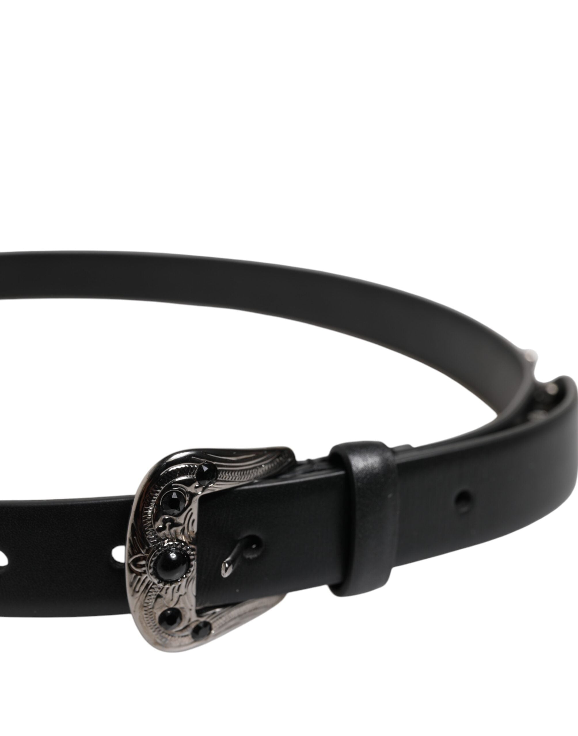 Black Studded Leather Metal Logo Buckle Belt - ventzia