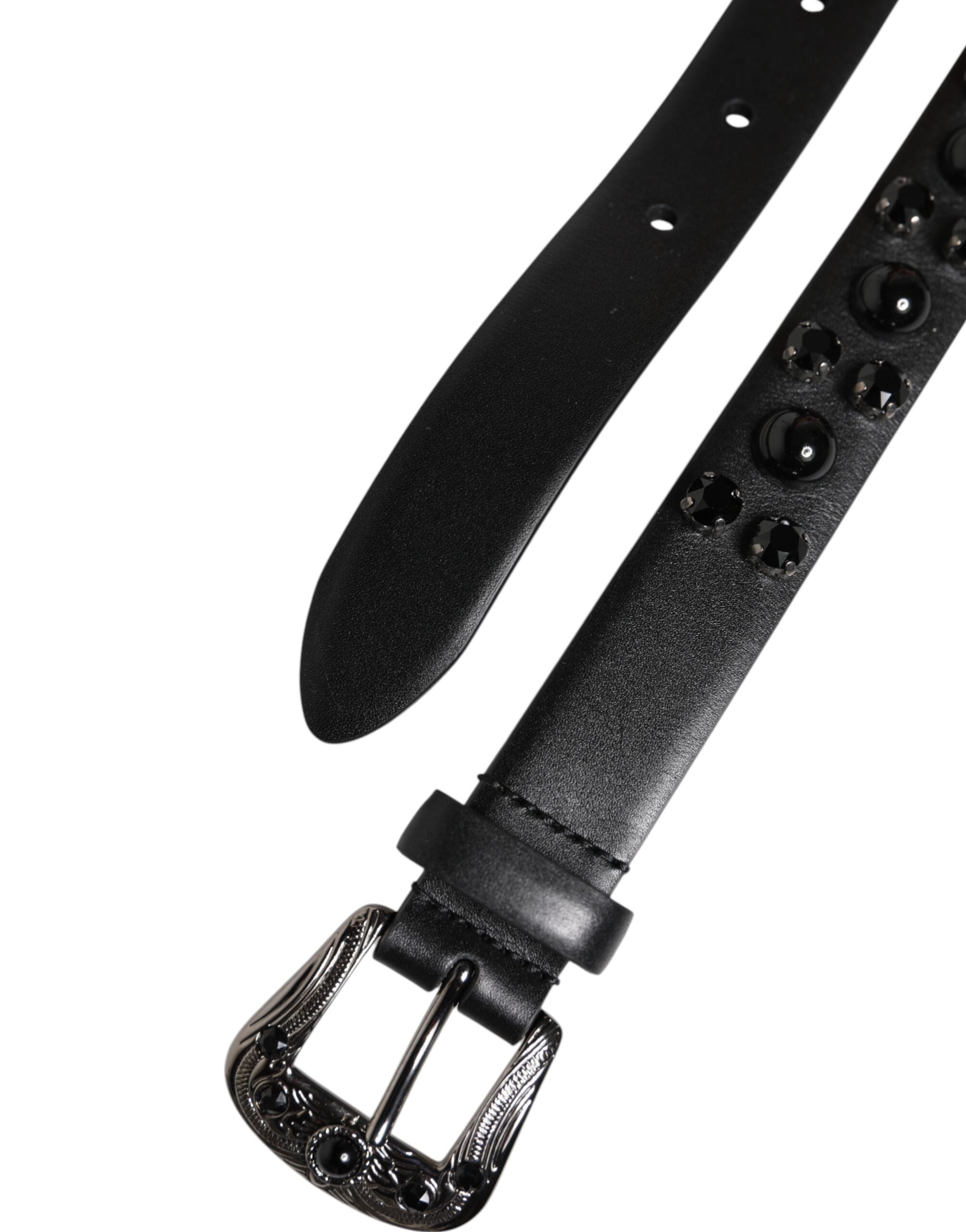 Black Studded Leather Metal Logo Buckle Belt - ventzia