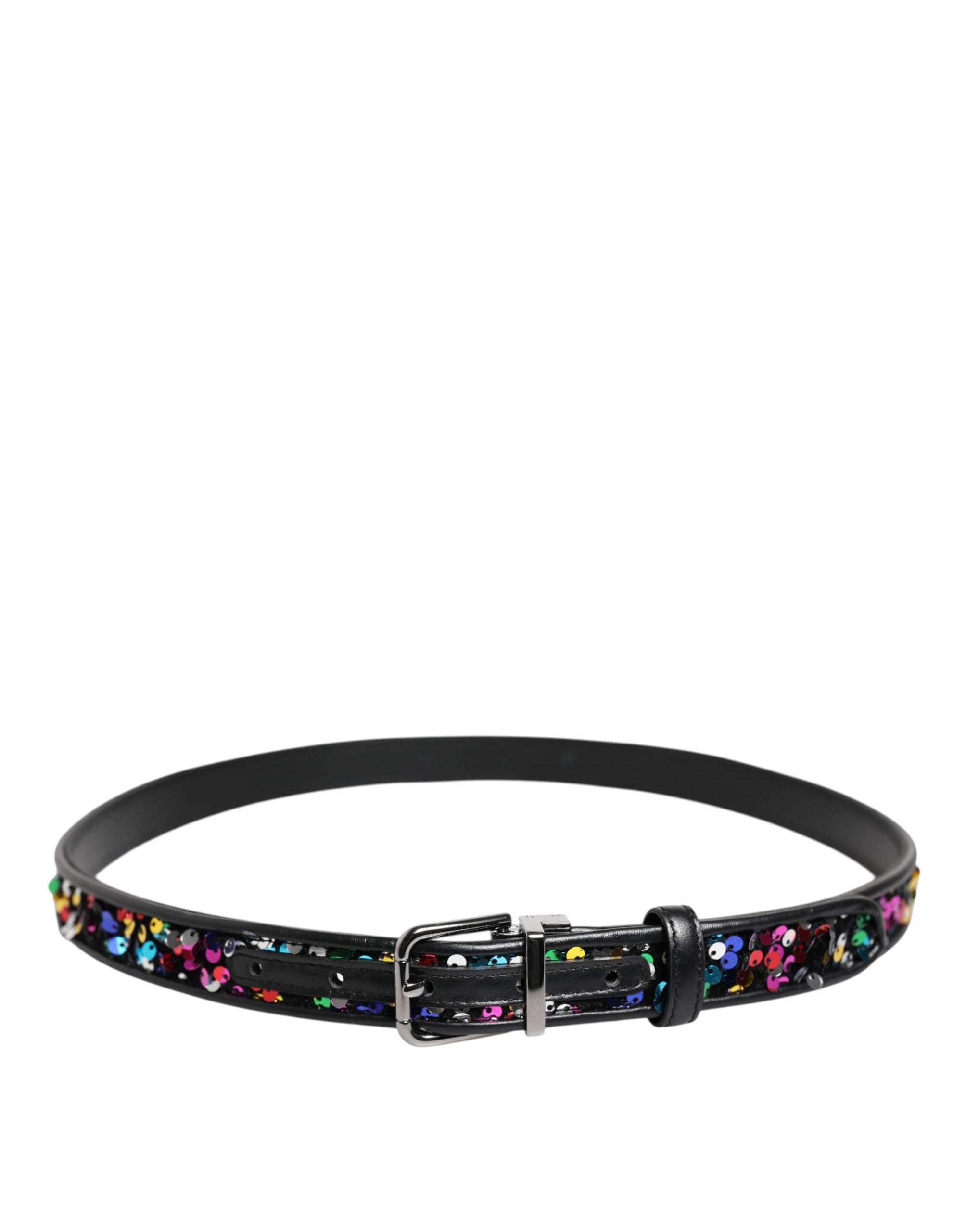 Black Sequin Embellished Metal Buckle Belt - ventzia