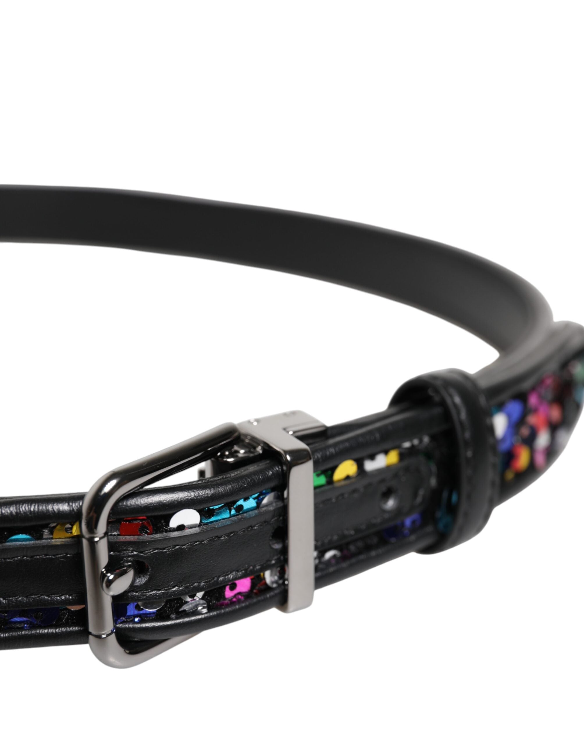 Black Sequin Embellished Metal Buckle Belt - ventzia