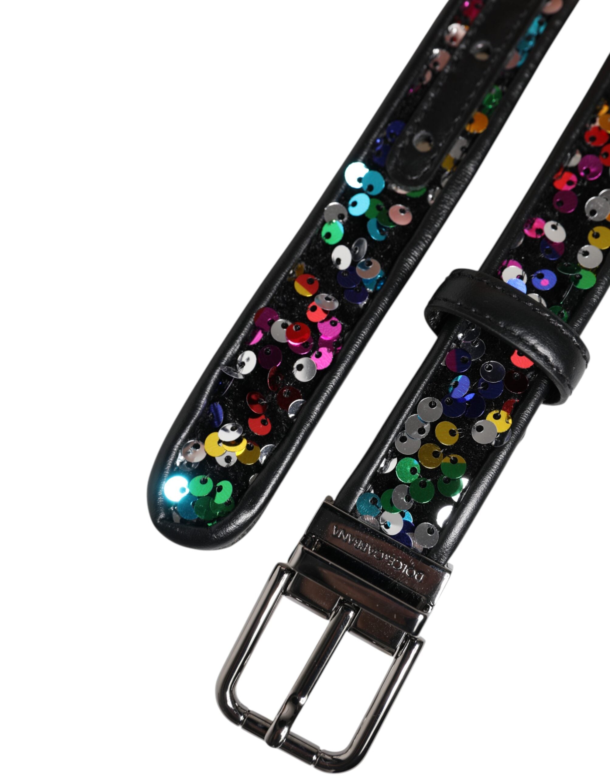 Black Sequin Embellished Metal Buckle Belt - ventzia