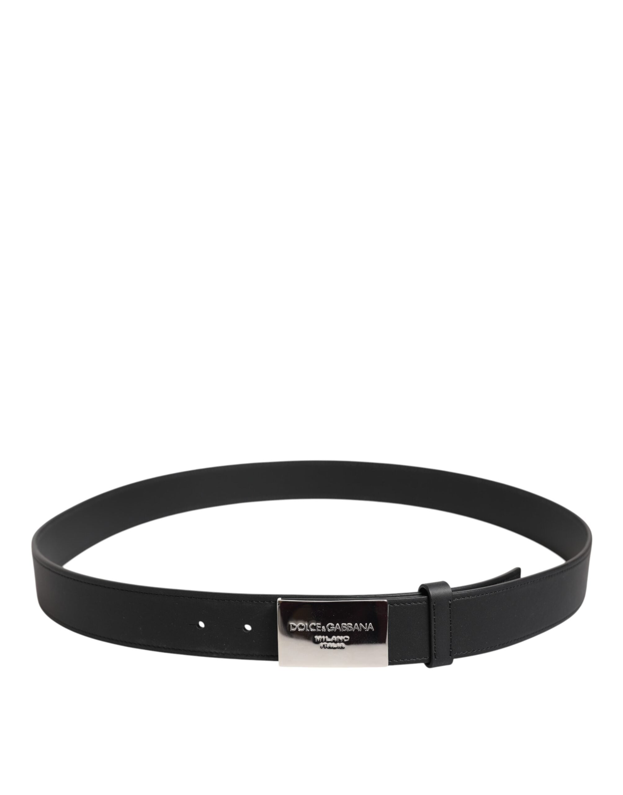 Black Leather Classic Metal Logo Buckle Belt - ventzia