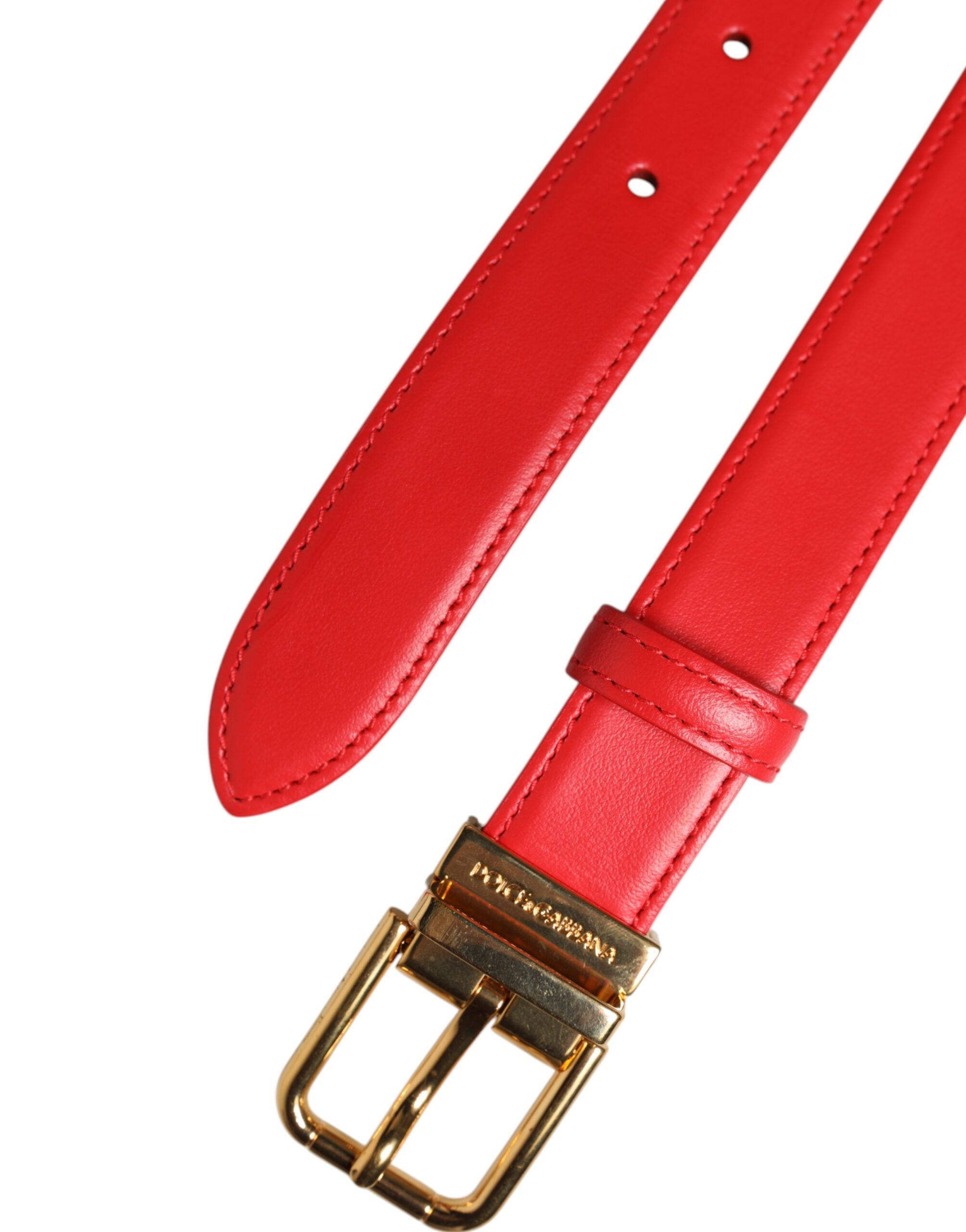Red Leather Gold Metal Buckle Cintura Belt - ventzia