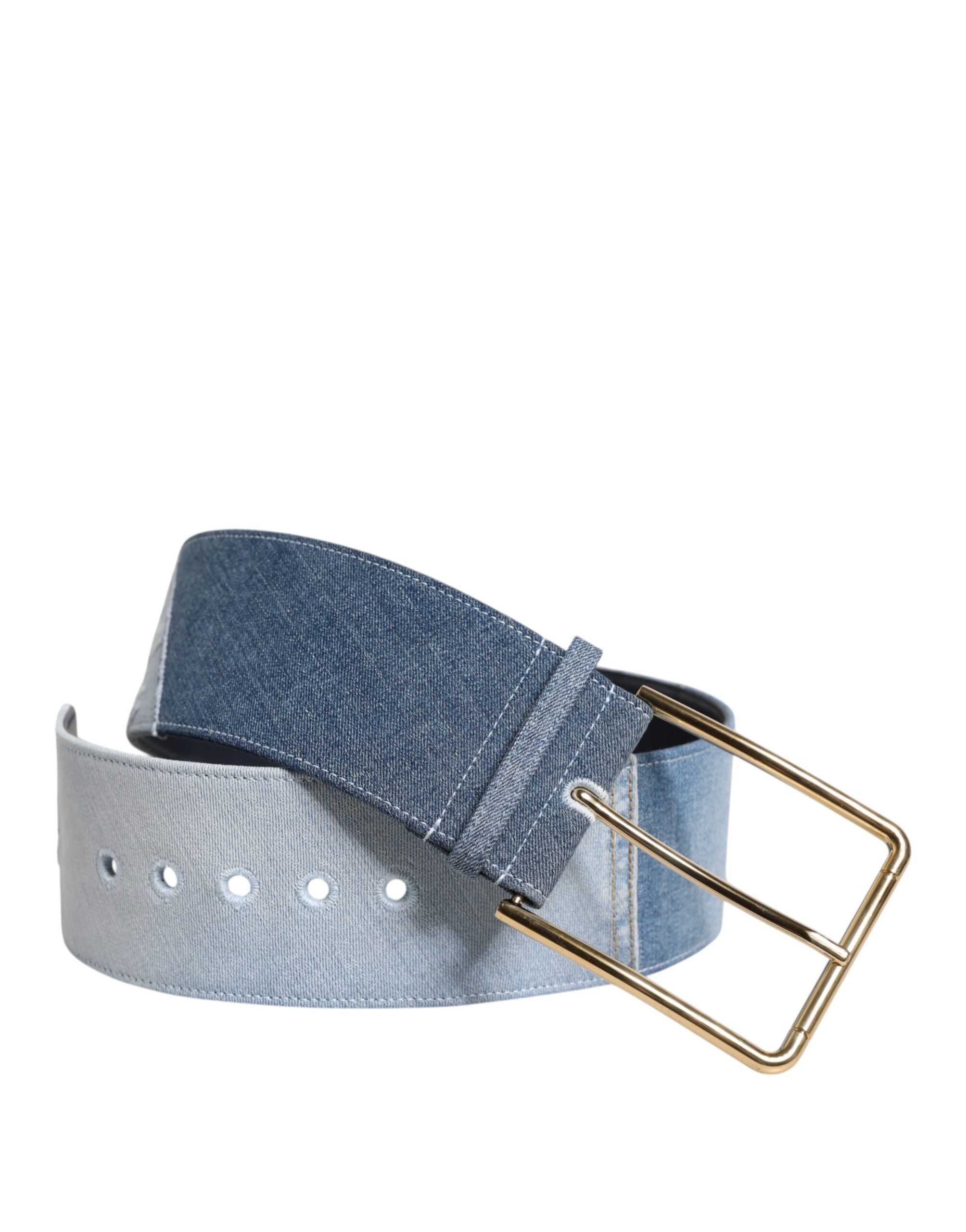 Two Tone Blue Denim Gold Metal Buckle Belt - ventzia