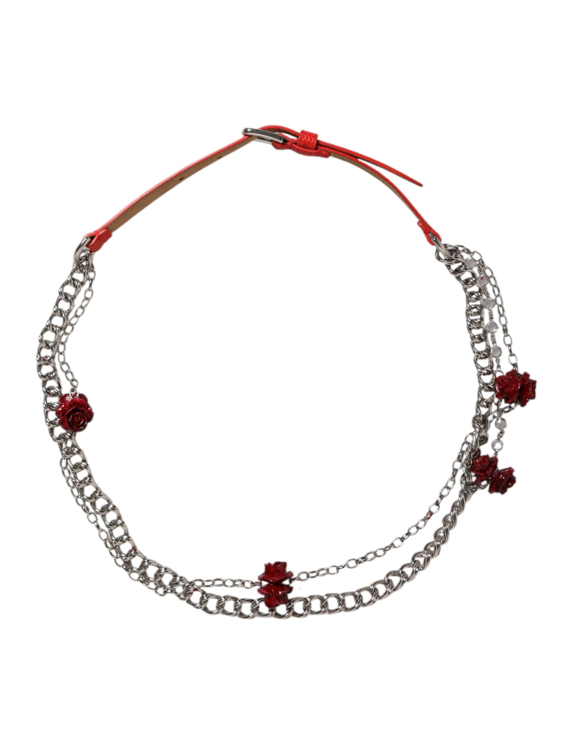 Red Leather Silver Chain Floral Cintura Belt - ventzia