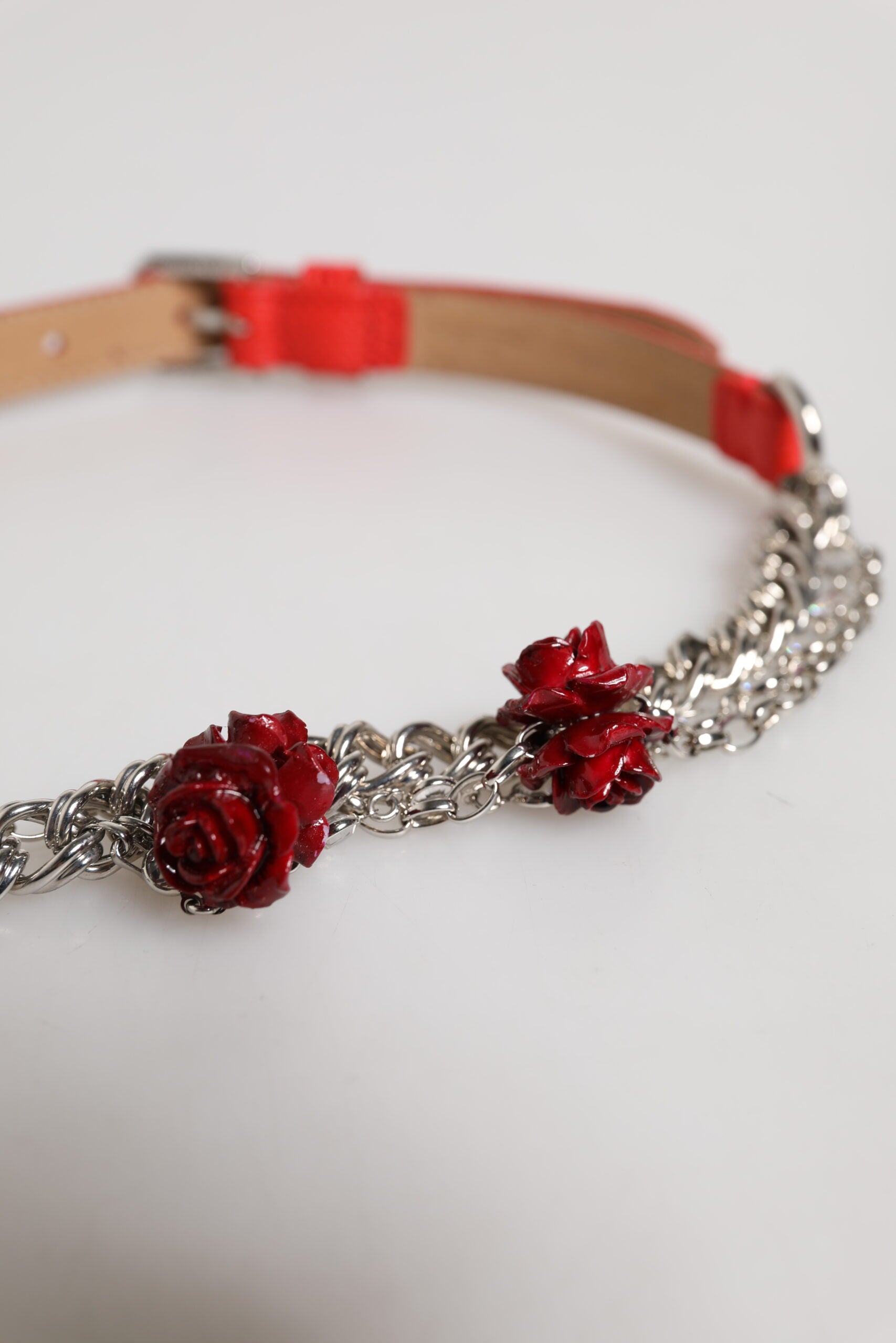 Red Leather Silver Chain Floral Cintura Belt - ventzia