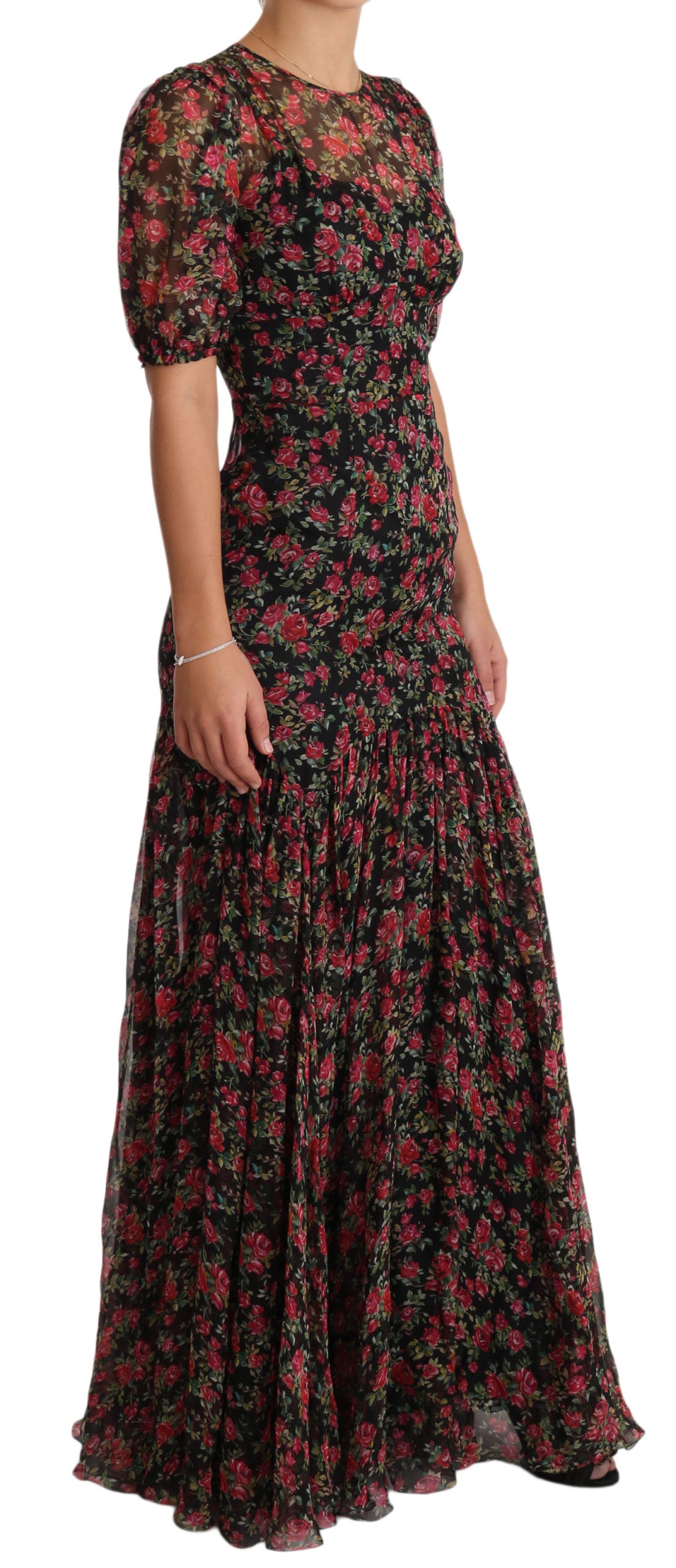 Elegant Black Silk Floral A-Line Gown - ventzia