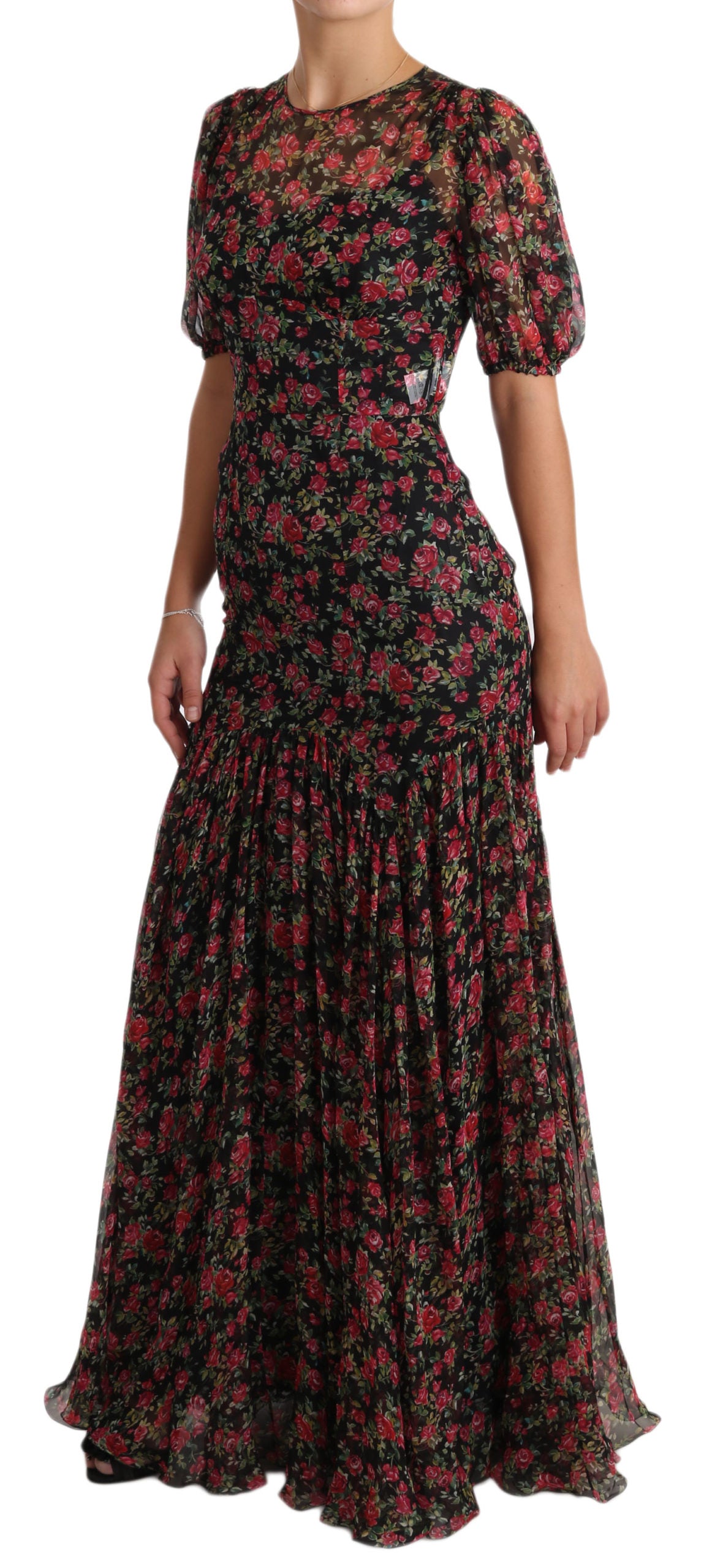 Elegant Black Silk Floral A-Line Gown - ventzia
