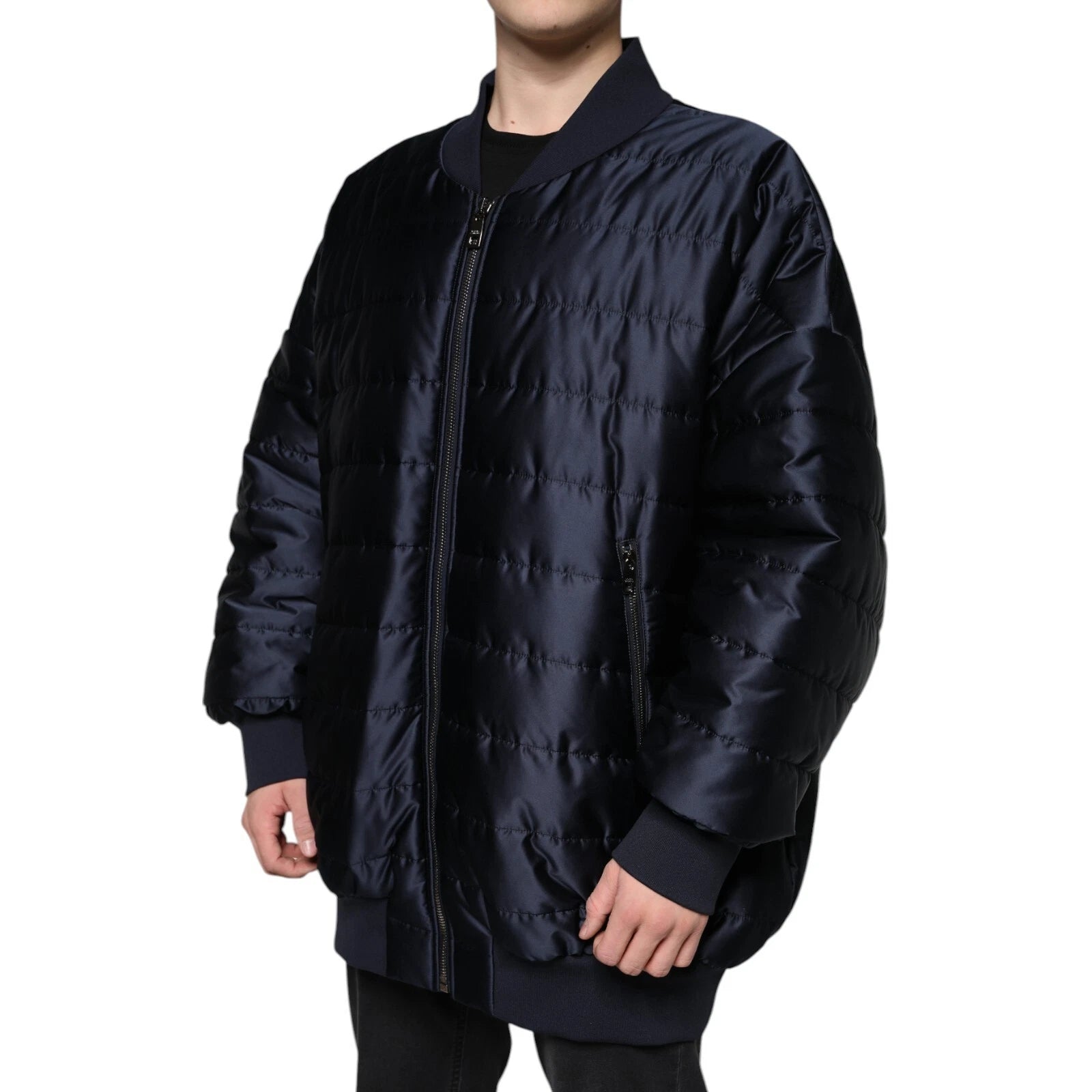 Dark Blue Quilted Full Zip Bomber Jacket - ventzia