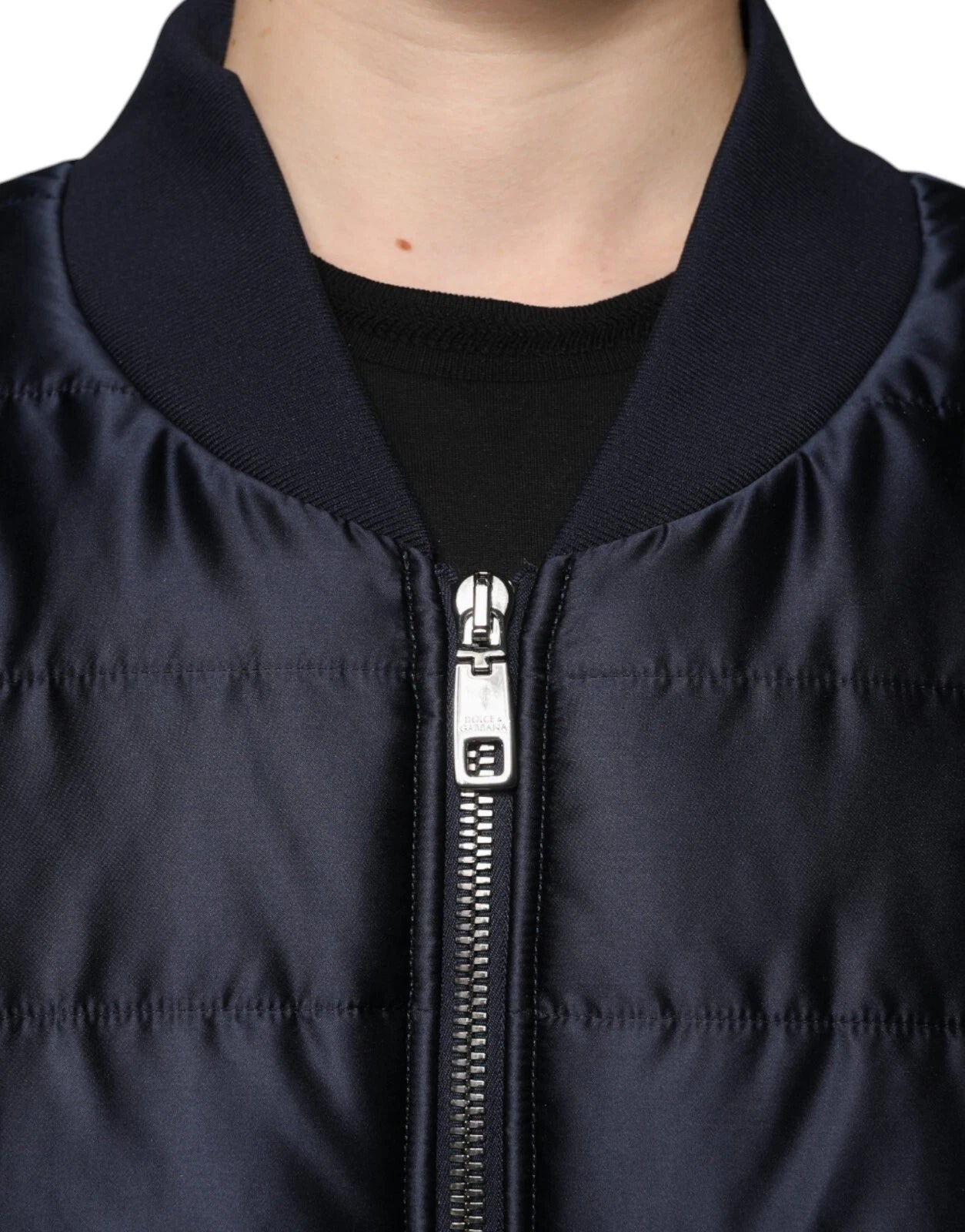Dark Blue Quilted Full Zip Bomber Jacket - ventzia