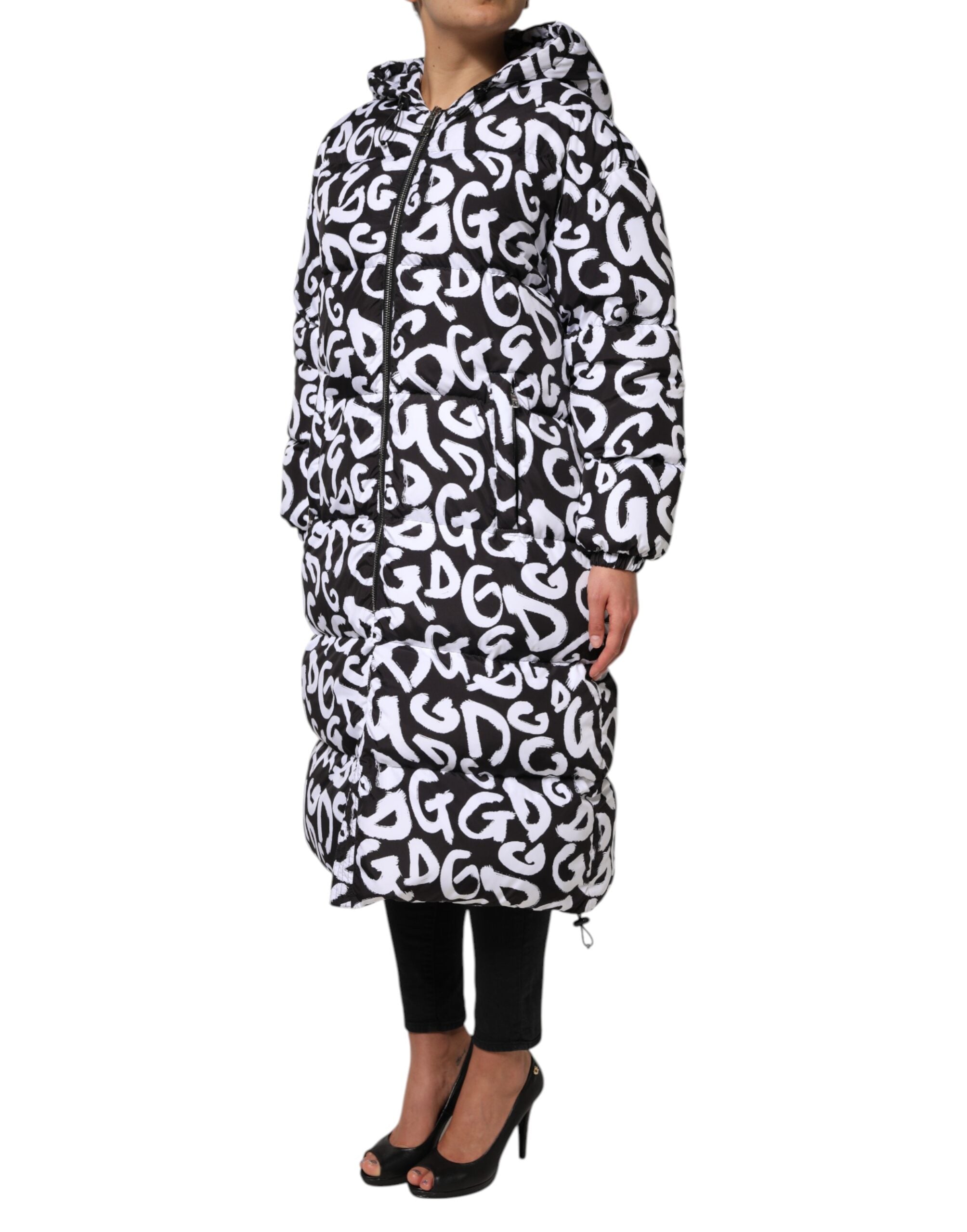 Black White DG Mania Hooded Long Coat Jacket - ventzia