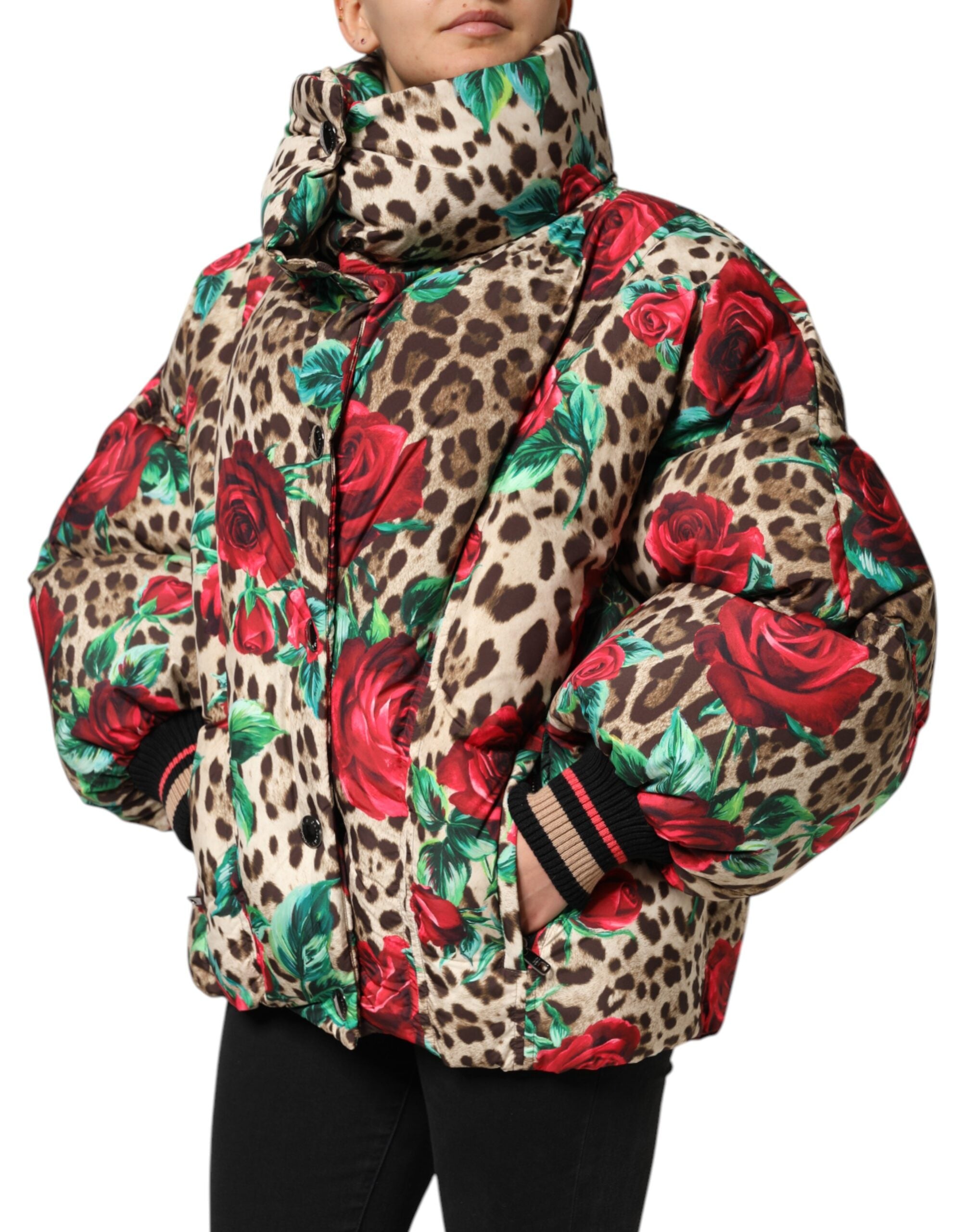Multicolor Leopard Rose Puffer Quilted Jacket - ventzia