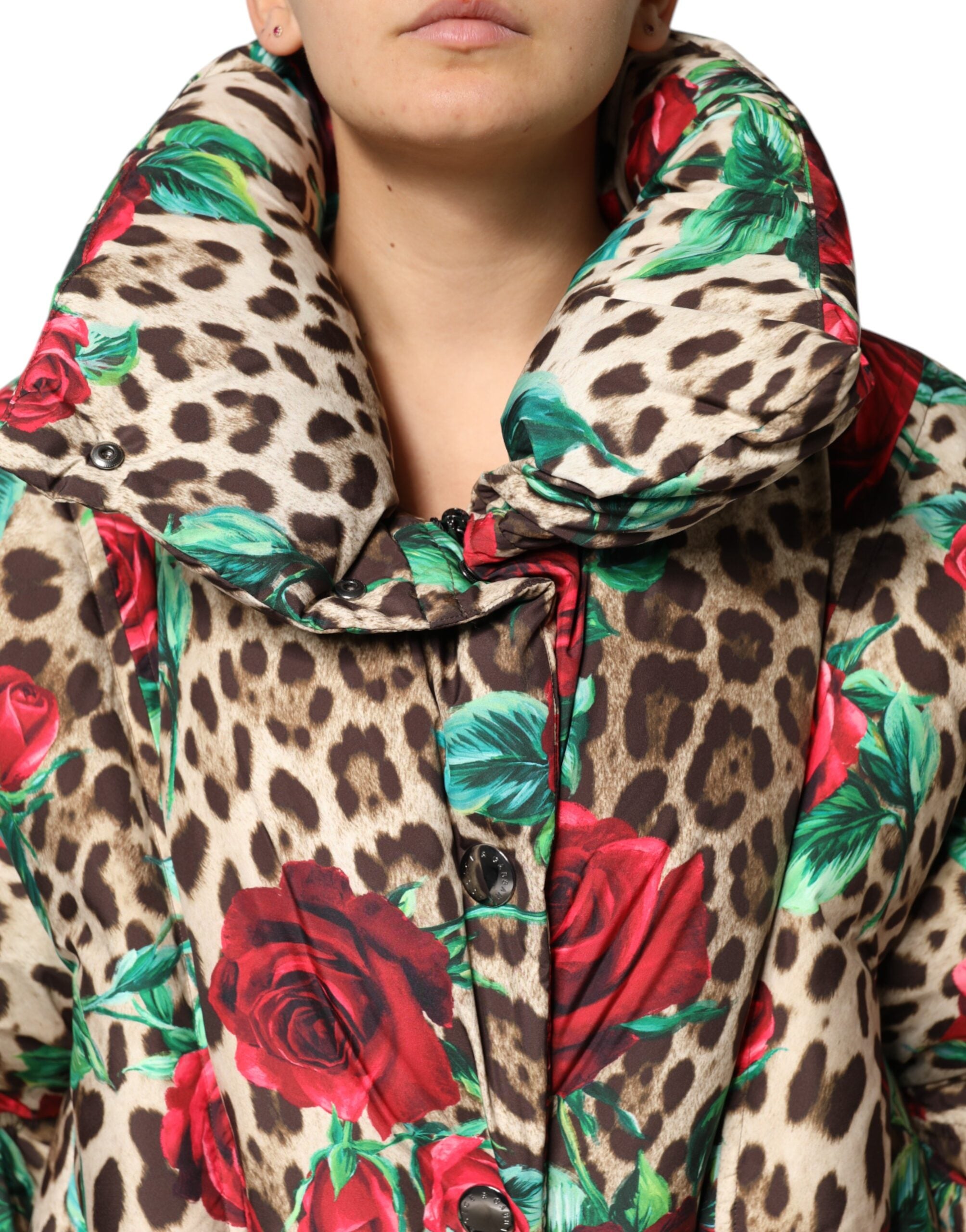 Multicolor Leopard Rose Puffer Quilted Jacket - ventzia