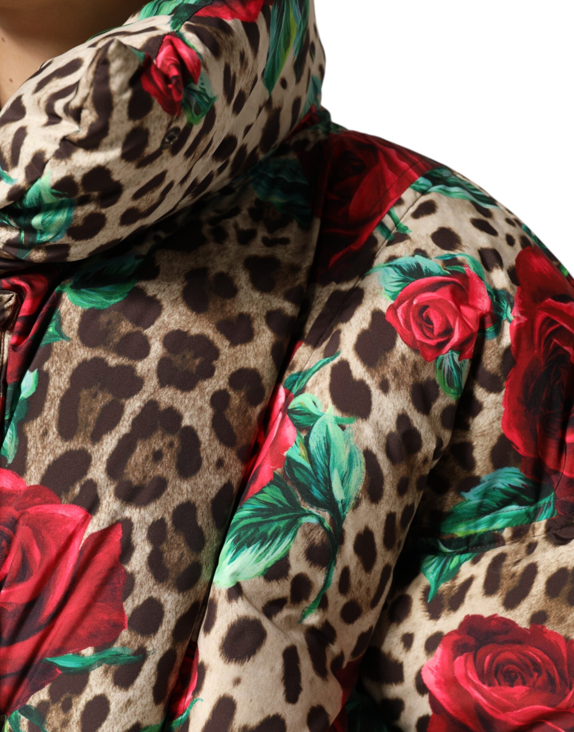 Multicolor Leopard Rose Puffer Quilted Jacket - ventzia