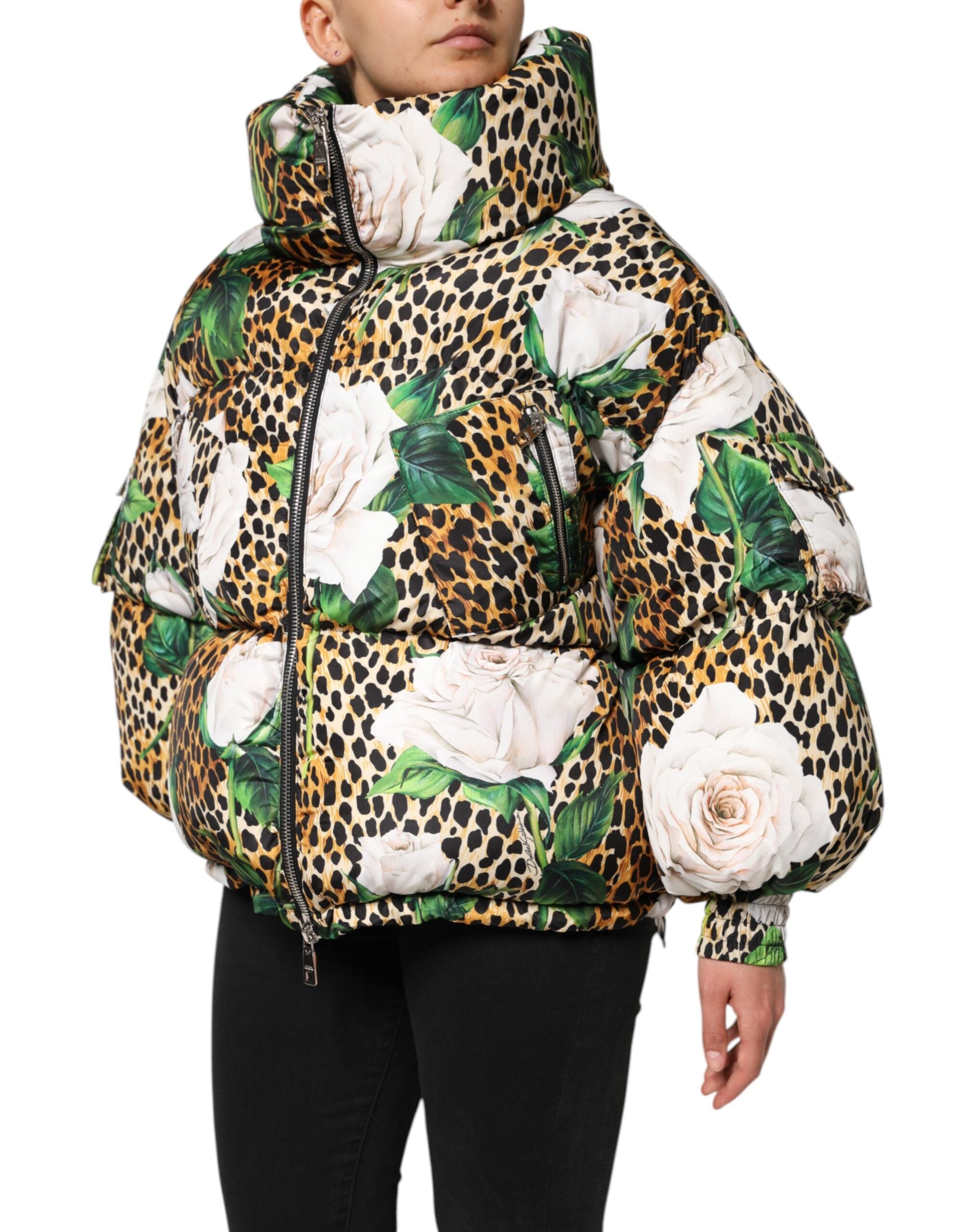 Multicolor Leopard Rose Puffer Quilted Jacket - ventzia