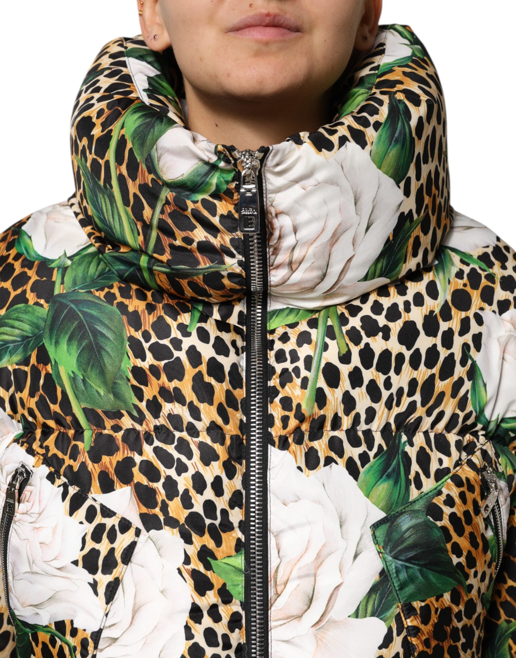 Multicolor Leopard Rose Puffer Quilted Jacket - ventzia