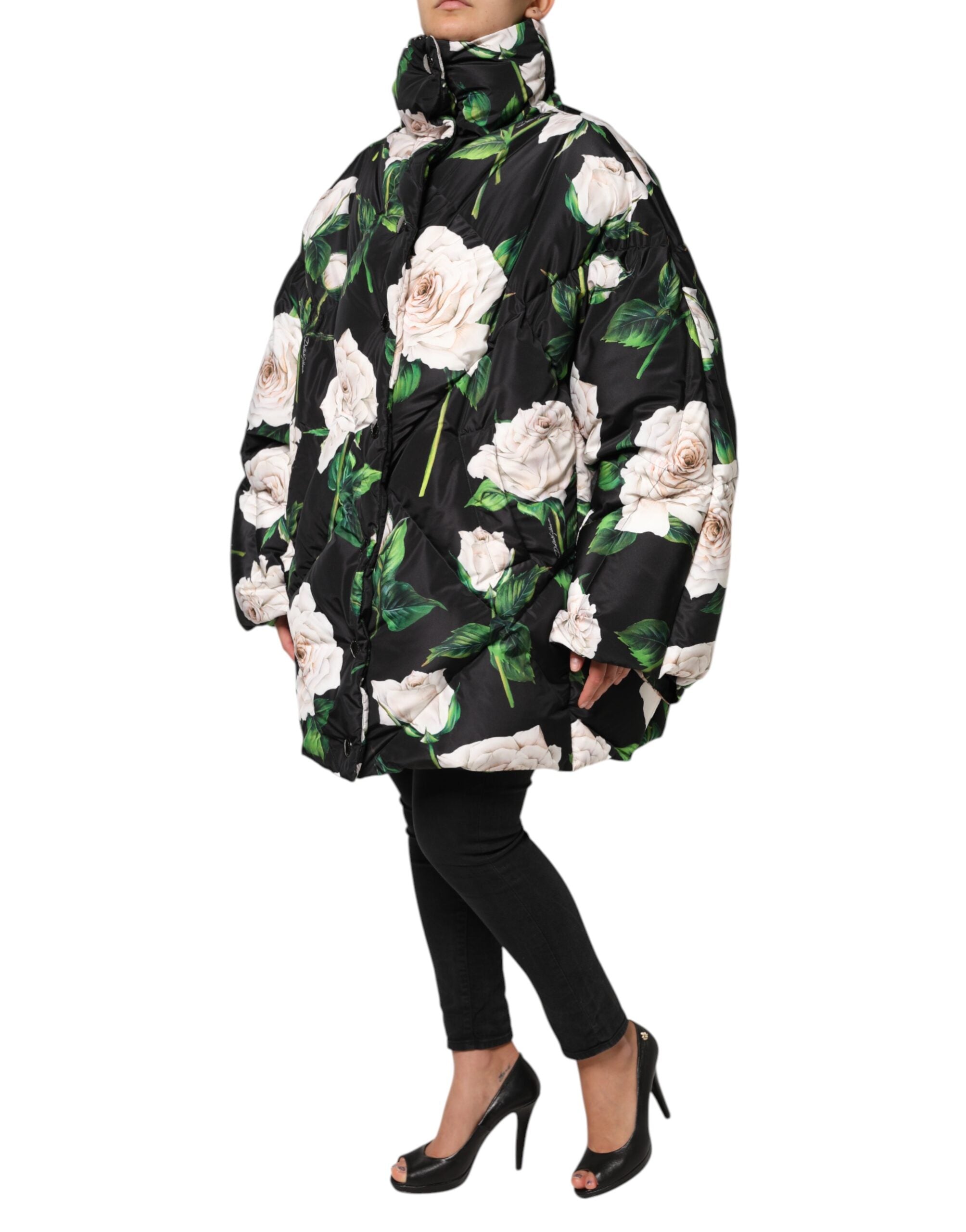 Black Floral Print Puffer Quilted Jacket - ventzia