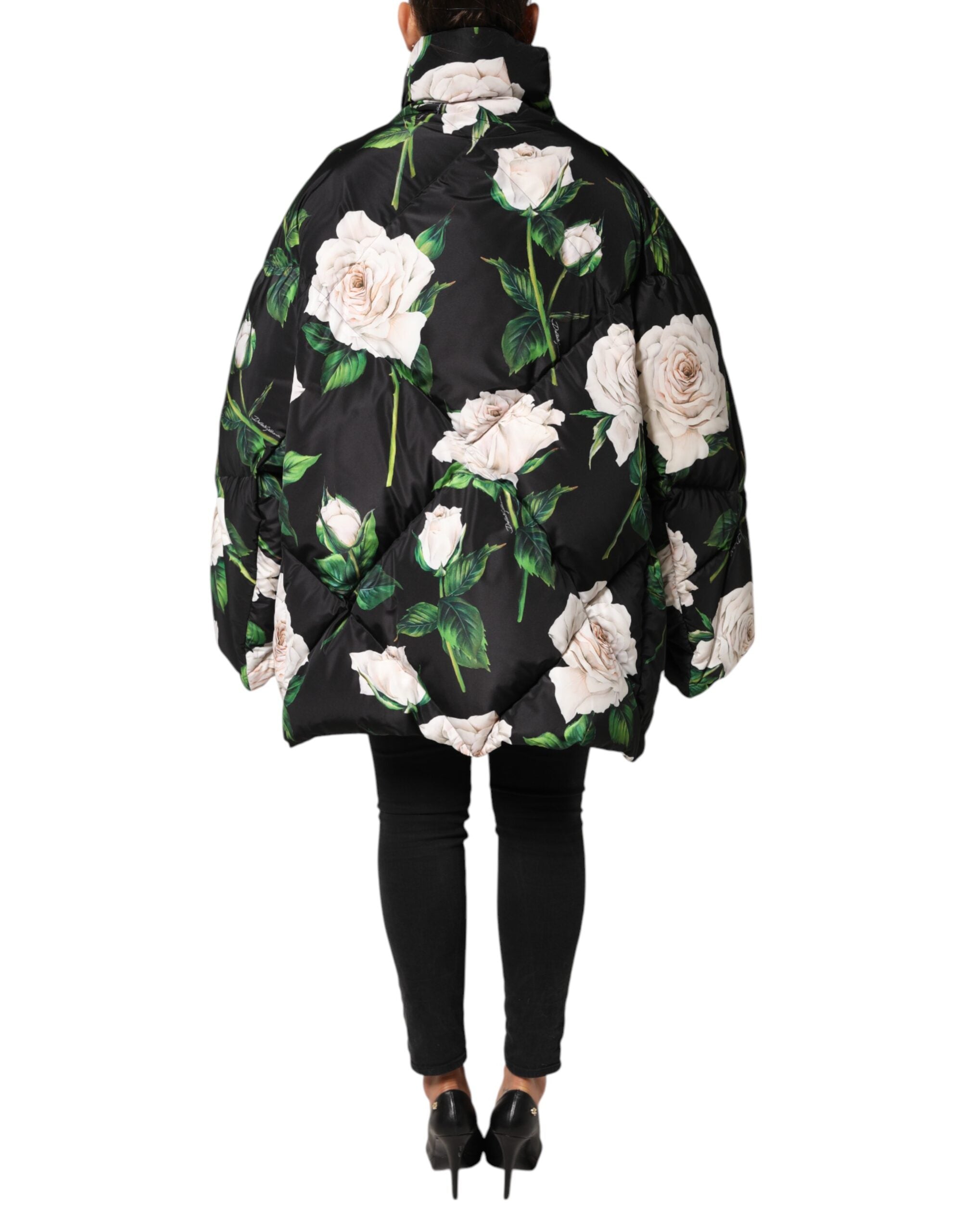 Black Floral Print Puffer Quilted Jacket - ventzia