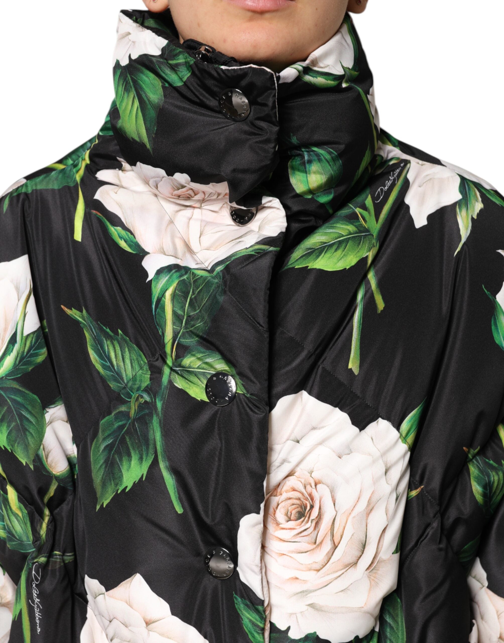 Black Floral Print Puffer Quilted Jacket - ventzia