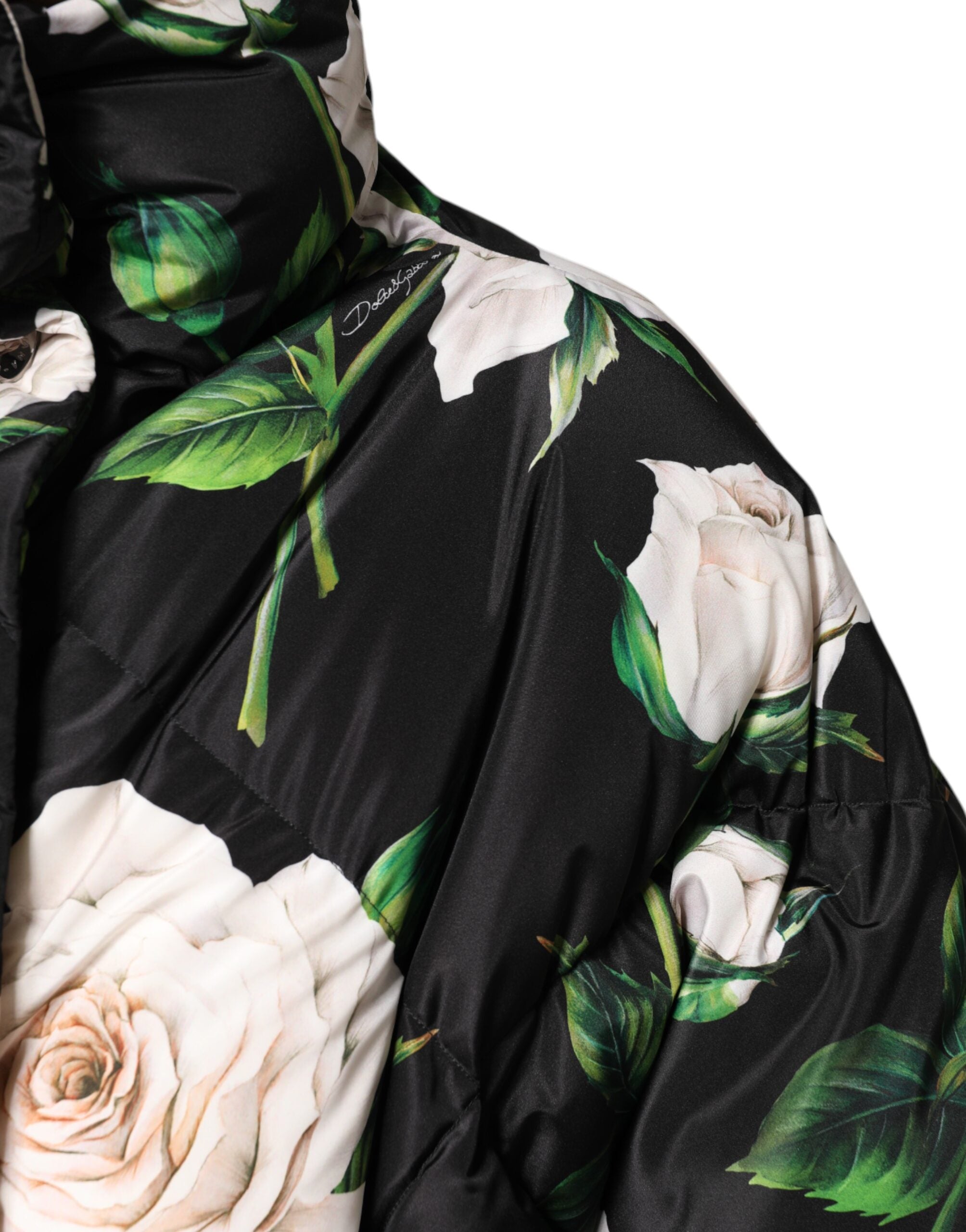 Black Floral Print Puffer Quilted Jacket - ventzia