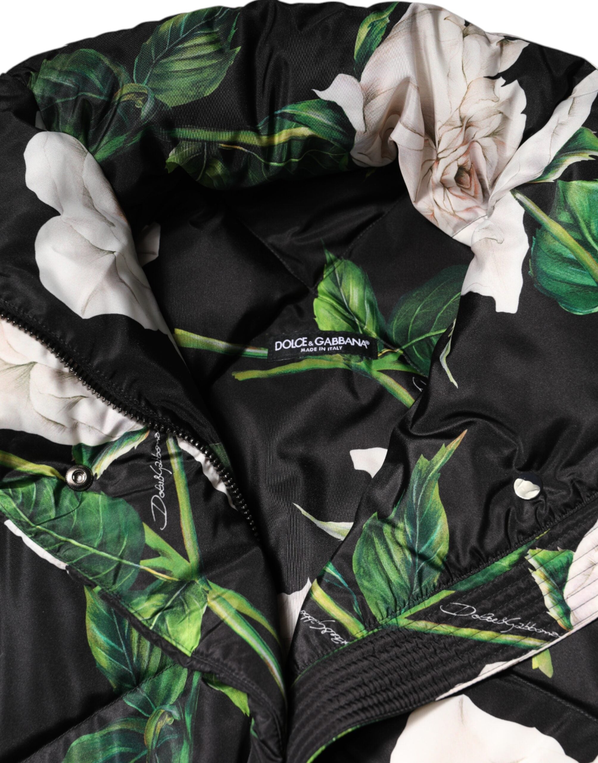 Black Floral Print Puffer Quilted Jacket - ventzia