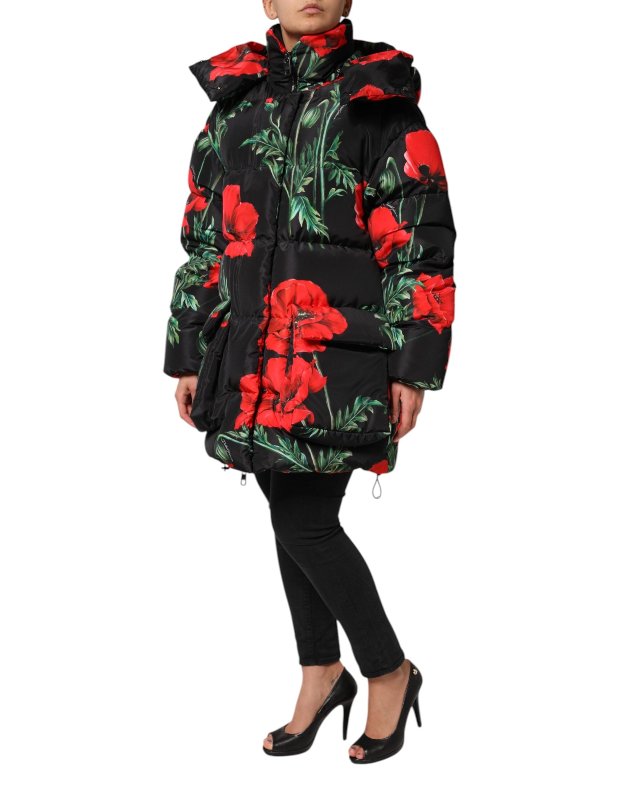 Black Floral Polyester Hooded Quilted Jacket - ventzia
