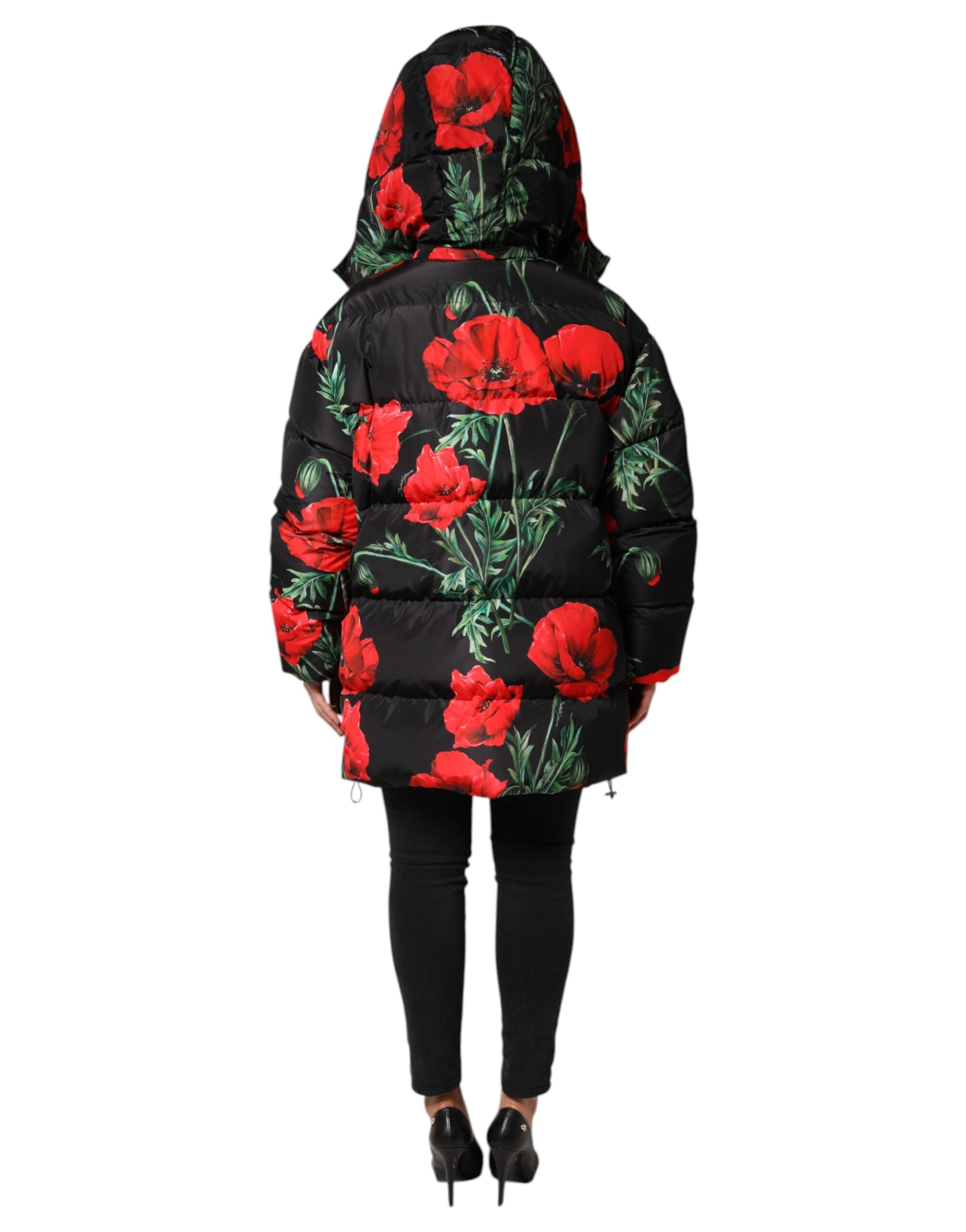 Black Floral Polyester Hooded Quilted Jacket - ventzia
