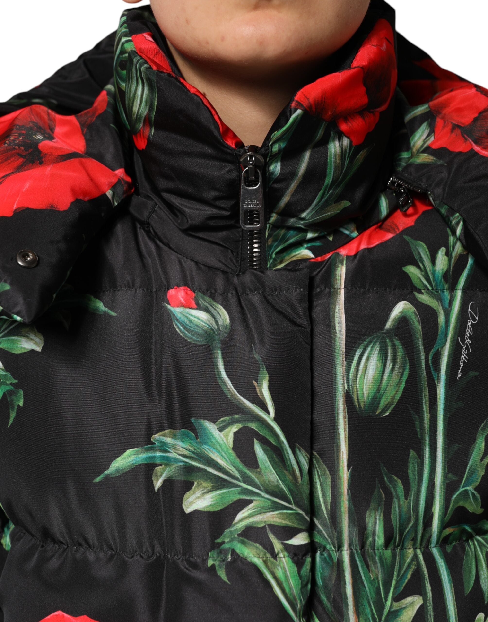 Black Floral Polyester Hooded Quilted Jacket - ventzia