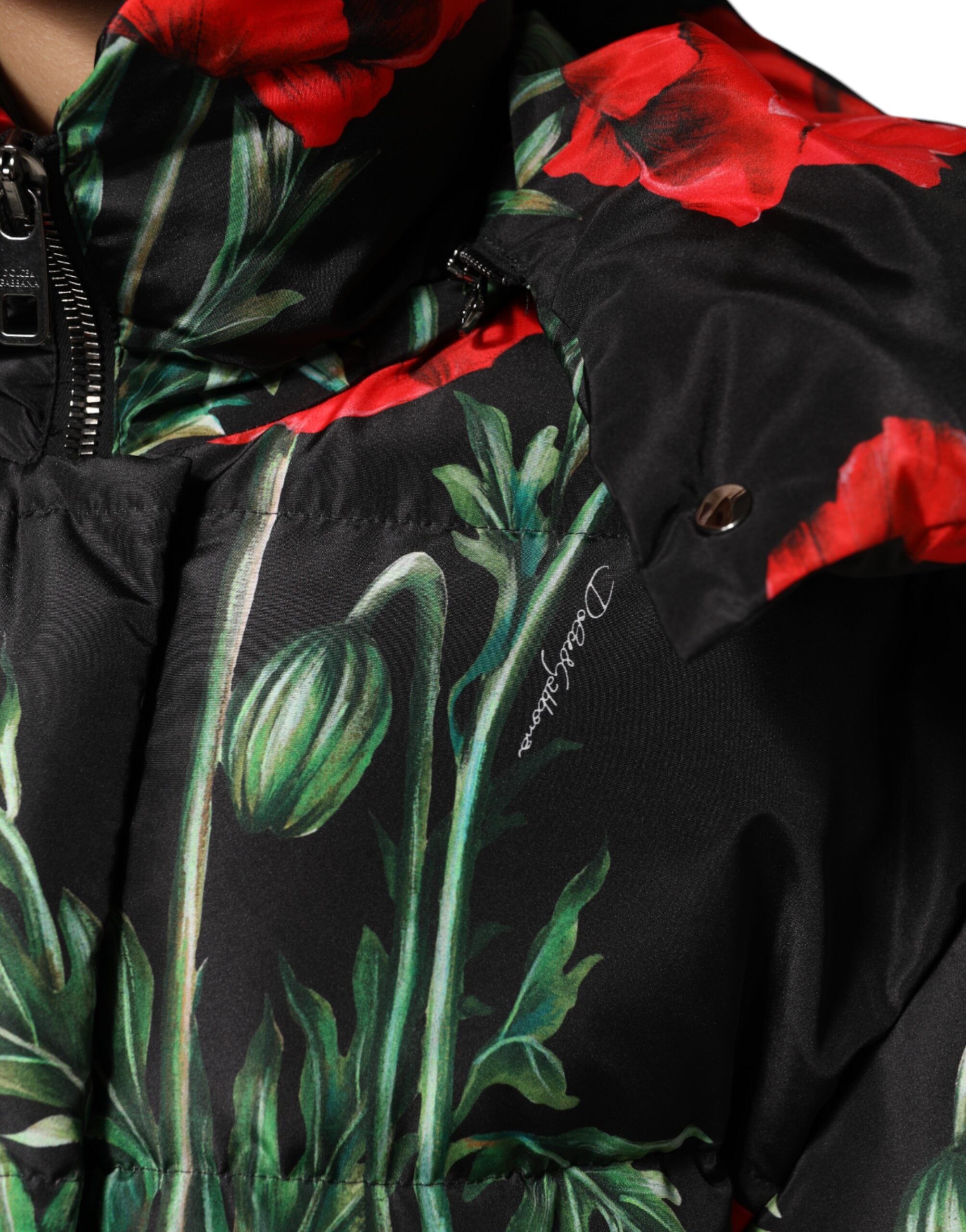 Black Floral Polyester Hooded Quilted Jacket - ventzia