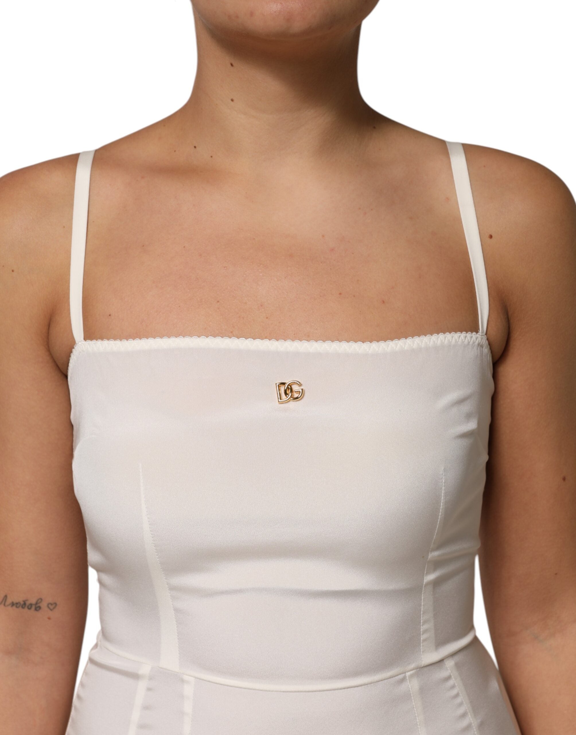 White Full Slip DG Logo Silk Dress Sleepwear - ventzia